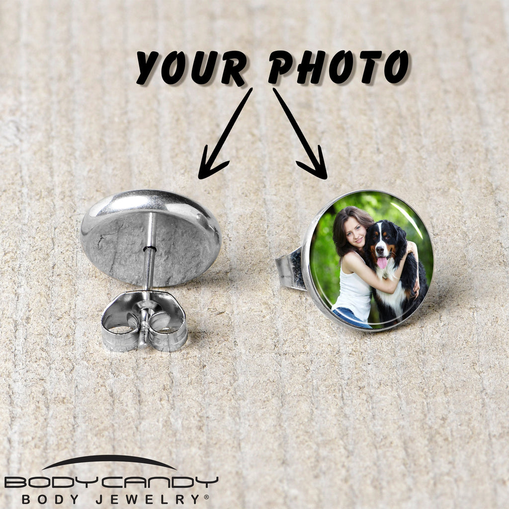 BodyCandy Custom Full Color Photo Stud Earrings — in-use photo