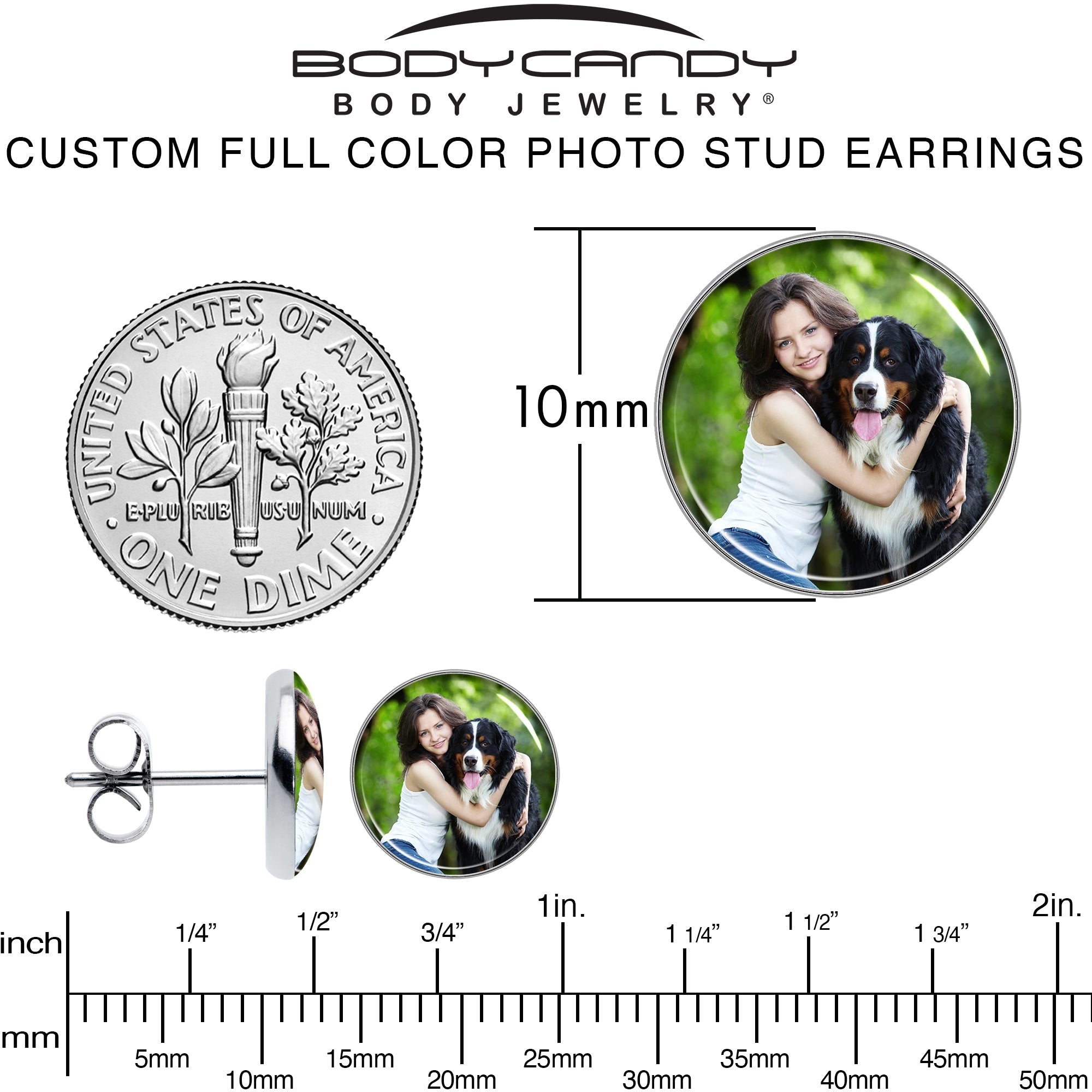 BodyCandy Custom Full Color Photo Stud Earrings — size reference