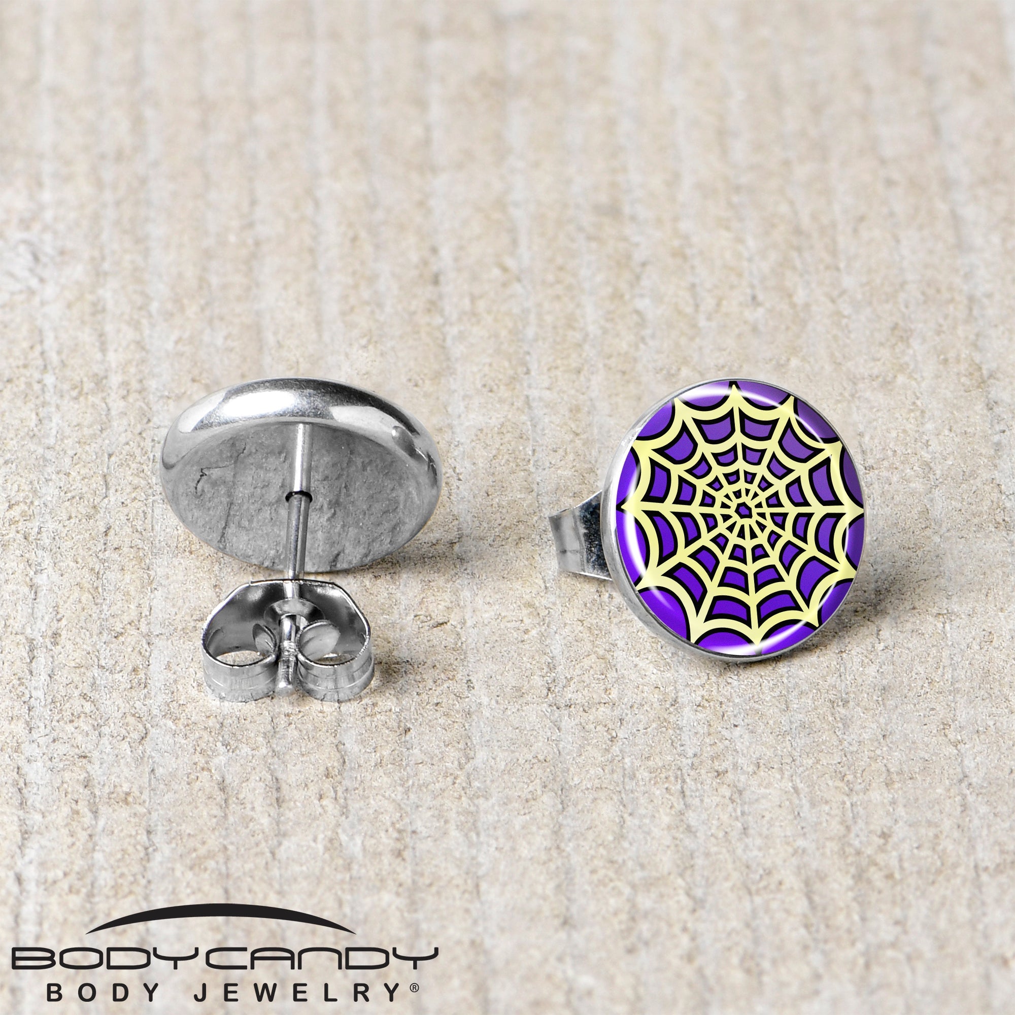 BodyCandy Two Tone Spider Web Stud Earrings by Onyx O — back view