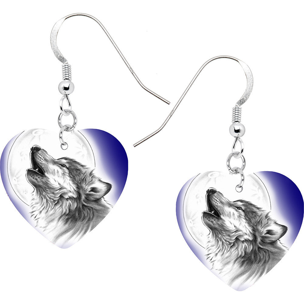 BodyCandy Heart Moon Howling Wolf Dangle Earrings — main product shot