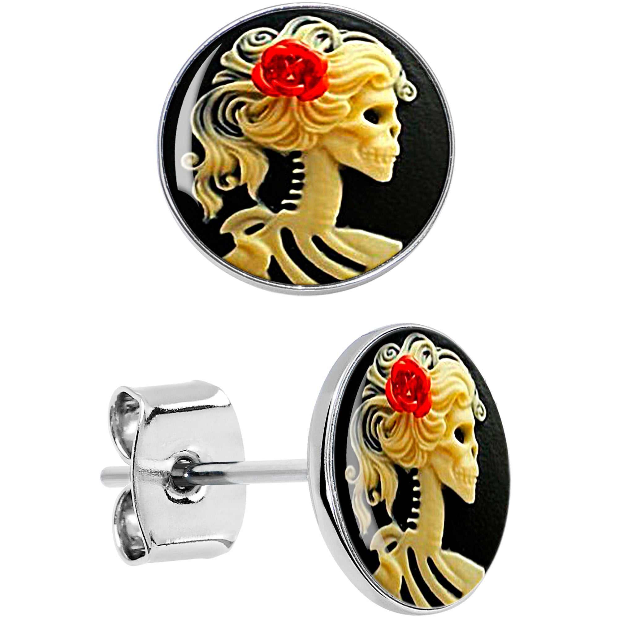 BodyCandy Red Rose Flower Skeleton Cameo Stud Earrings — main product shot