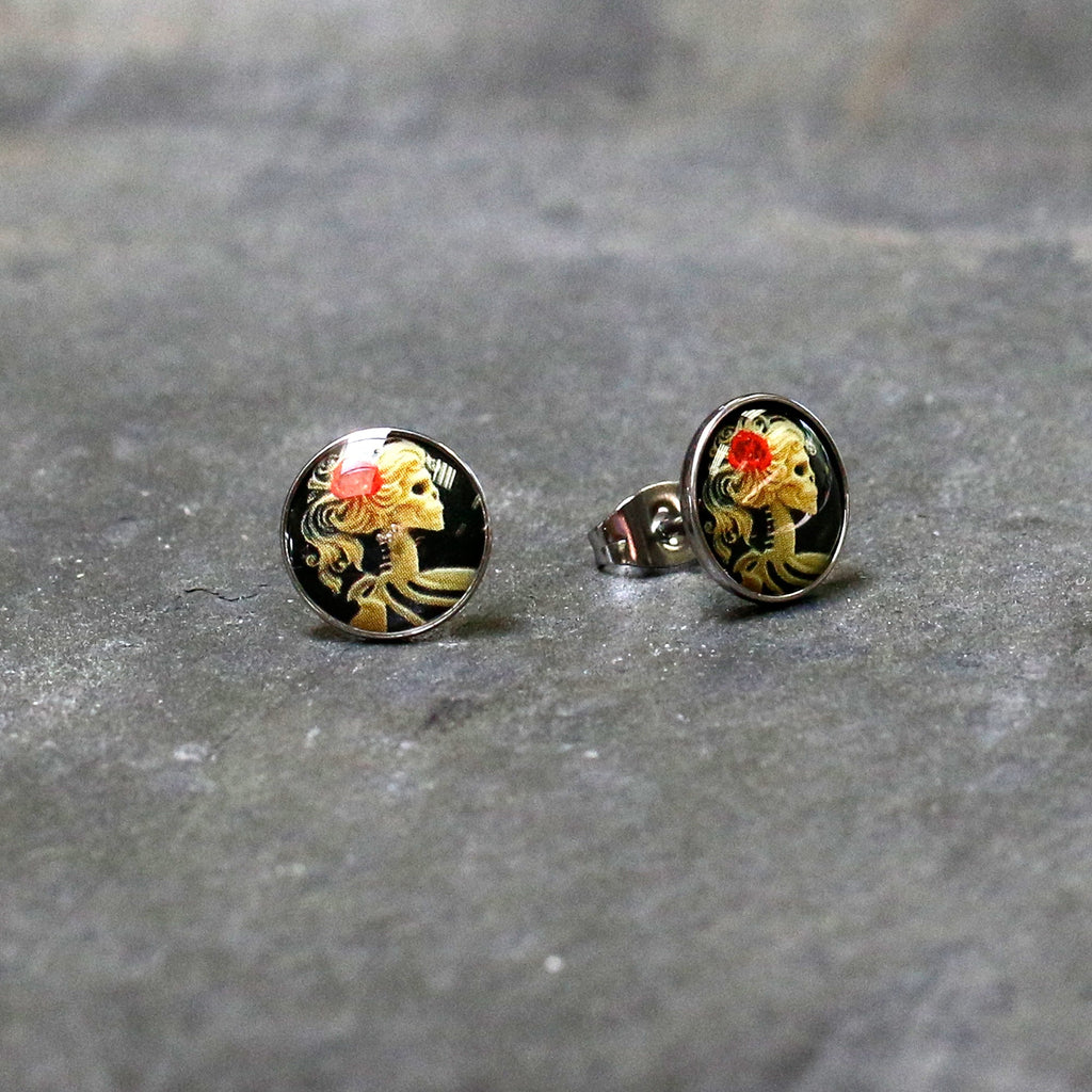 BodyCandy Red Rose Flower Skeleton Cameo Stud Earrings — detail close-up
