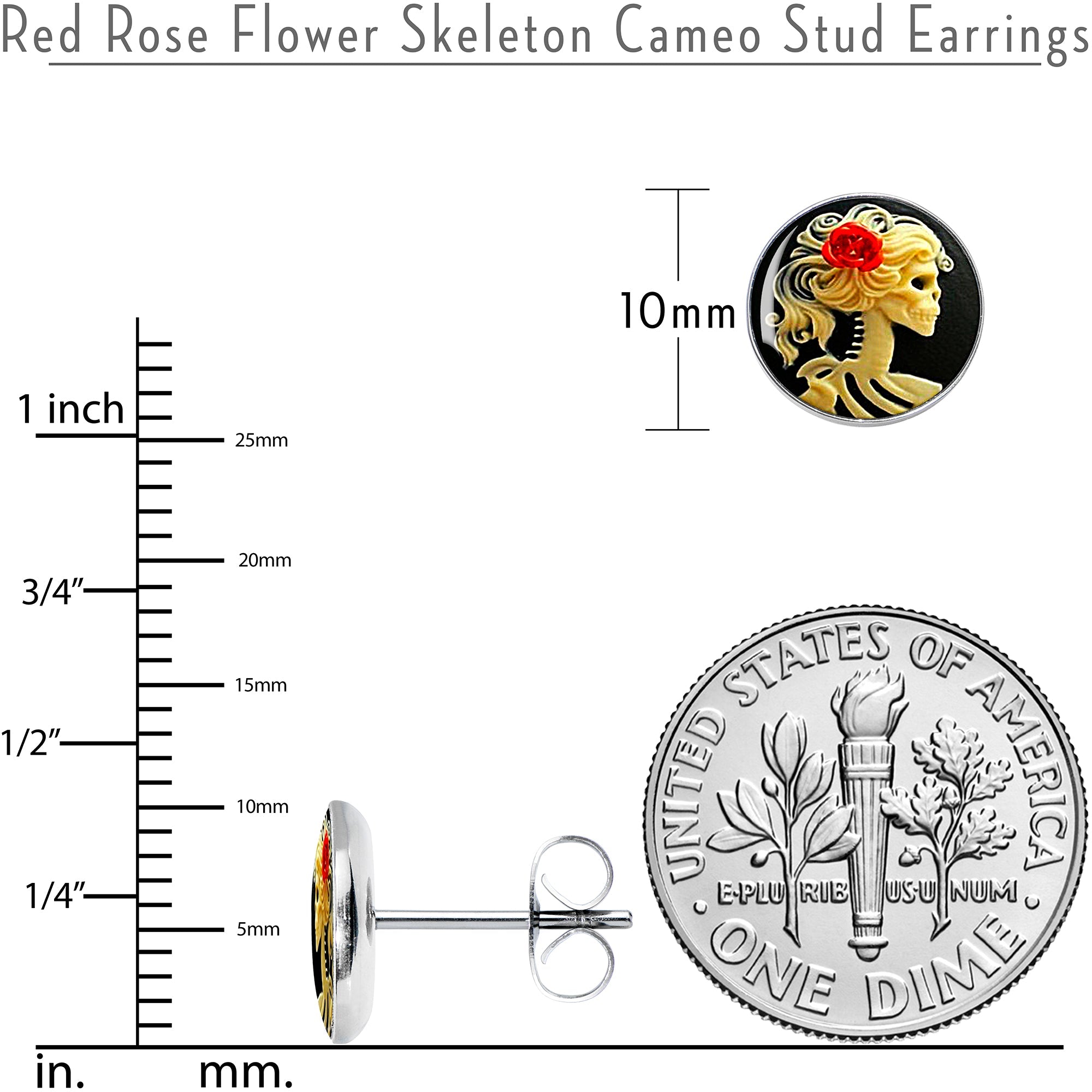 BodyCandy Red Rose Flower Skeleton Cameo Stud Earrings — lifestyle context