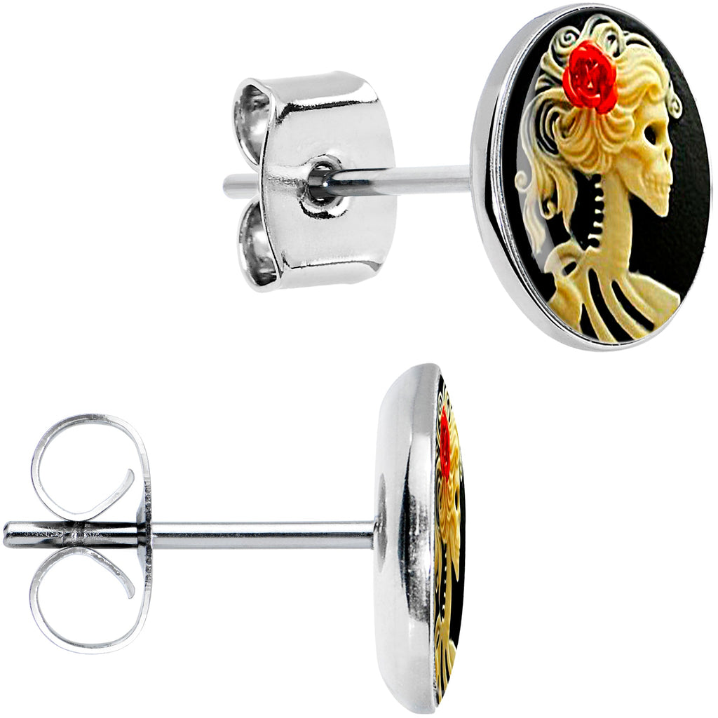 BodyCandy Red Rose Flower Skeleton Cameo Stud Earrings — back view