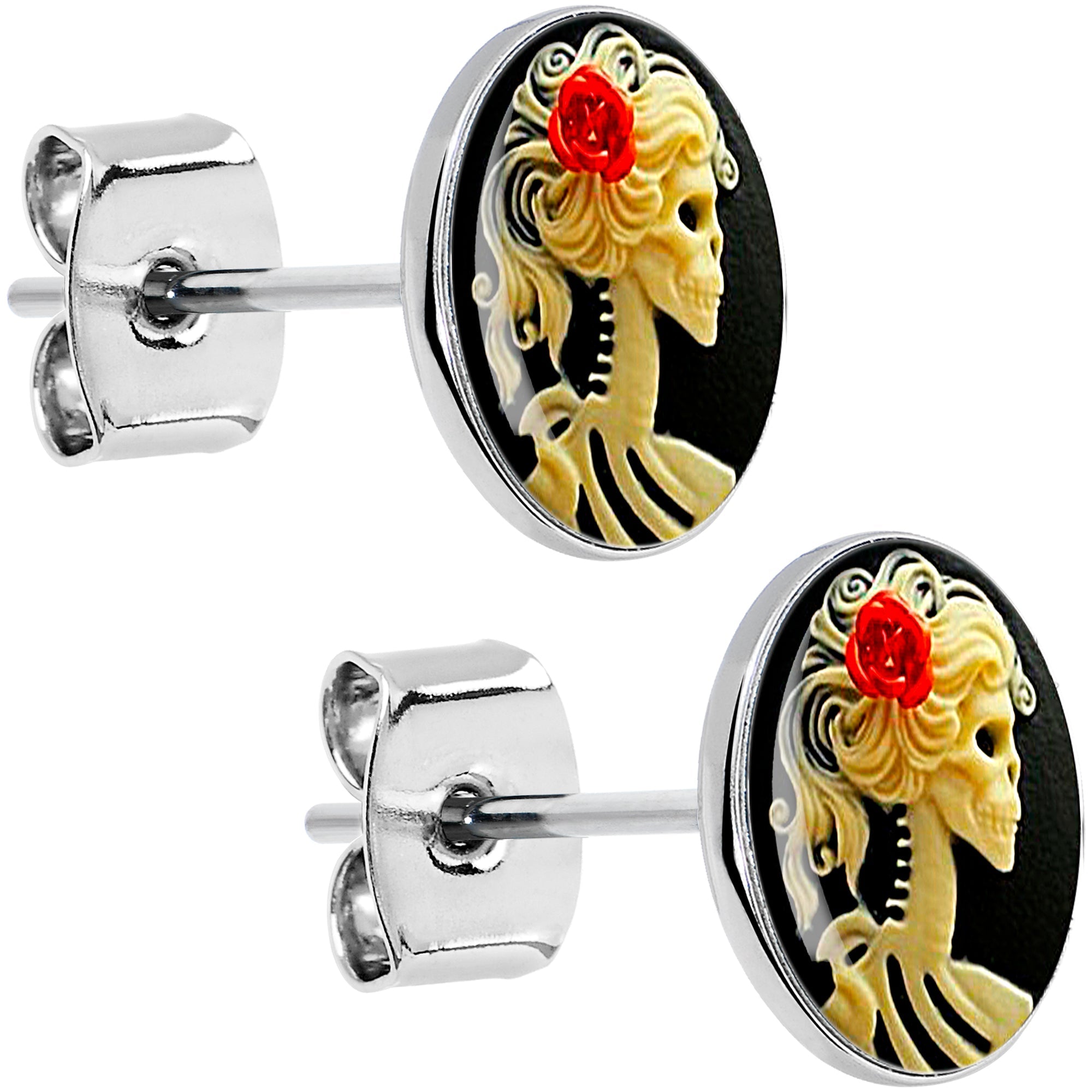 BodyCandy Red Rose Flower Skeleton Cameo Stud Earrings — in-use photo