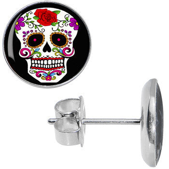 BodyCandy White Sugar Skull Stud Earrings — detail close-up