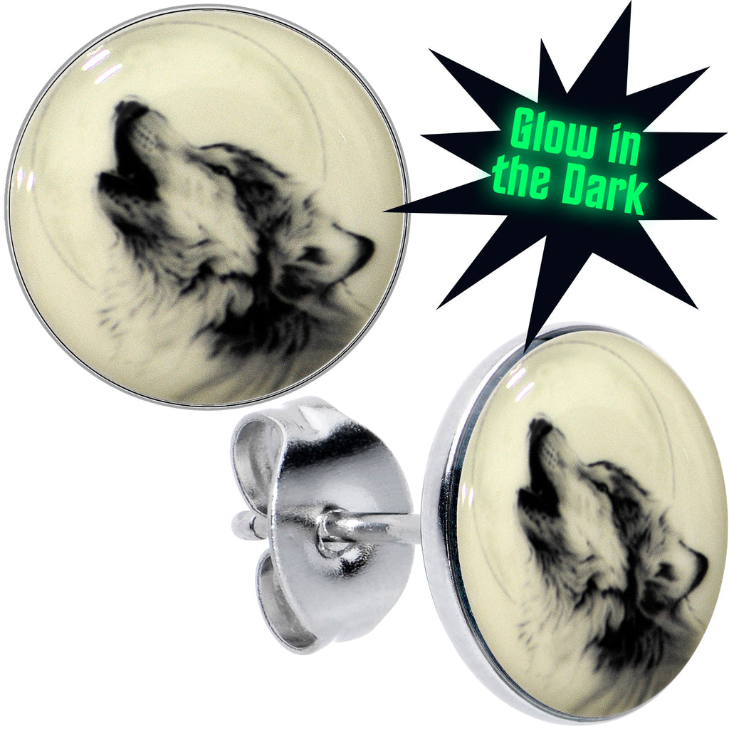 BodyCandy Glow in the Dark Howling Wolf Stud Earrings — color detail
