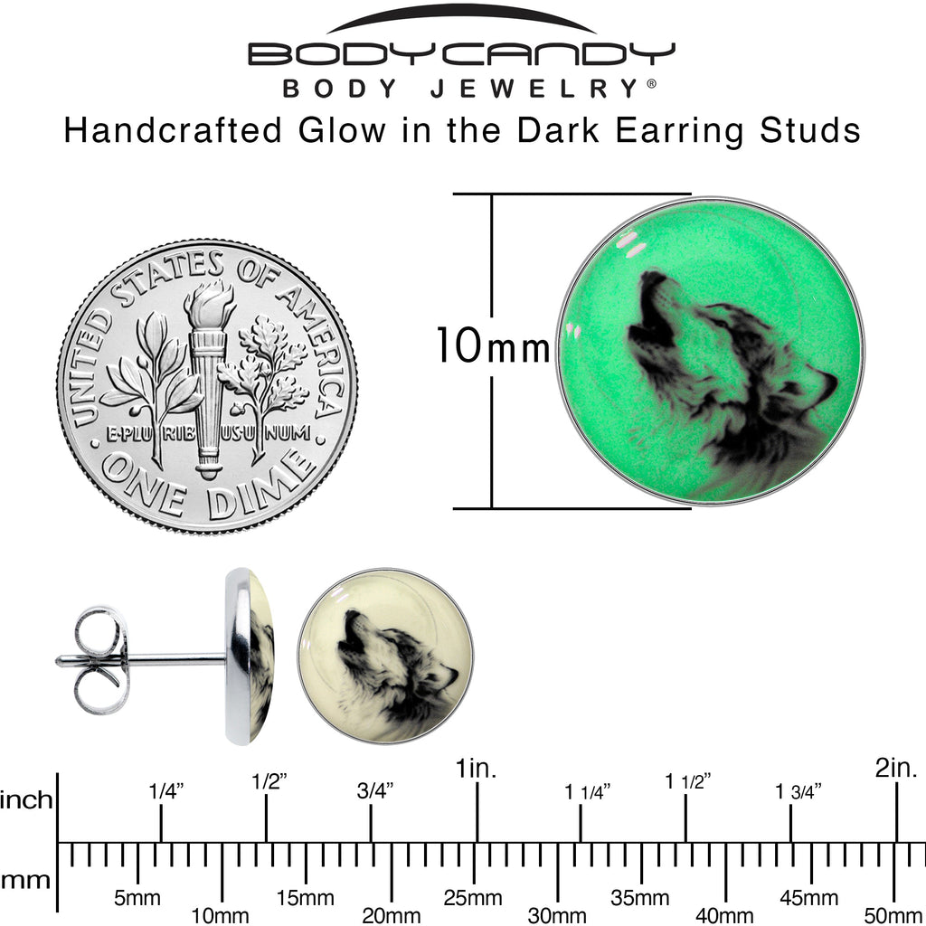 BodyCandy Glow in the Dark Howling Wolf Stud Earrings — size reference