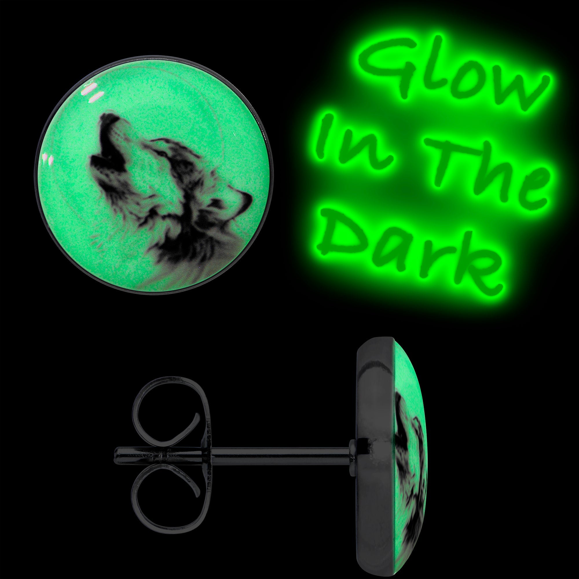 BodyCandy Glow in the Dark Howling Wolf Stud Earrings — side view
