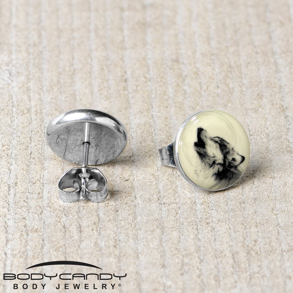 BodyCandy Glow in the Dark Howling Wolf Stud Earrings — back view