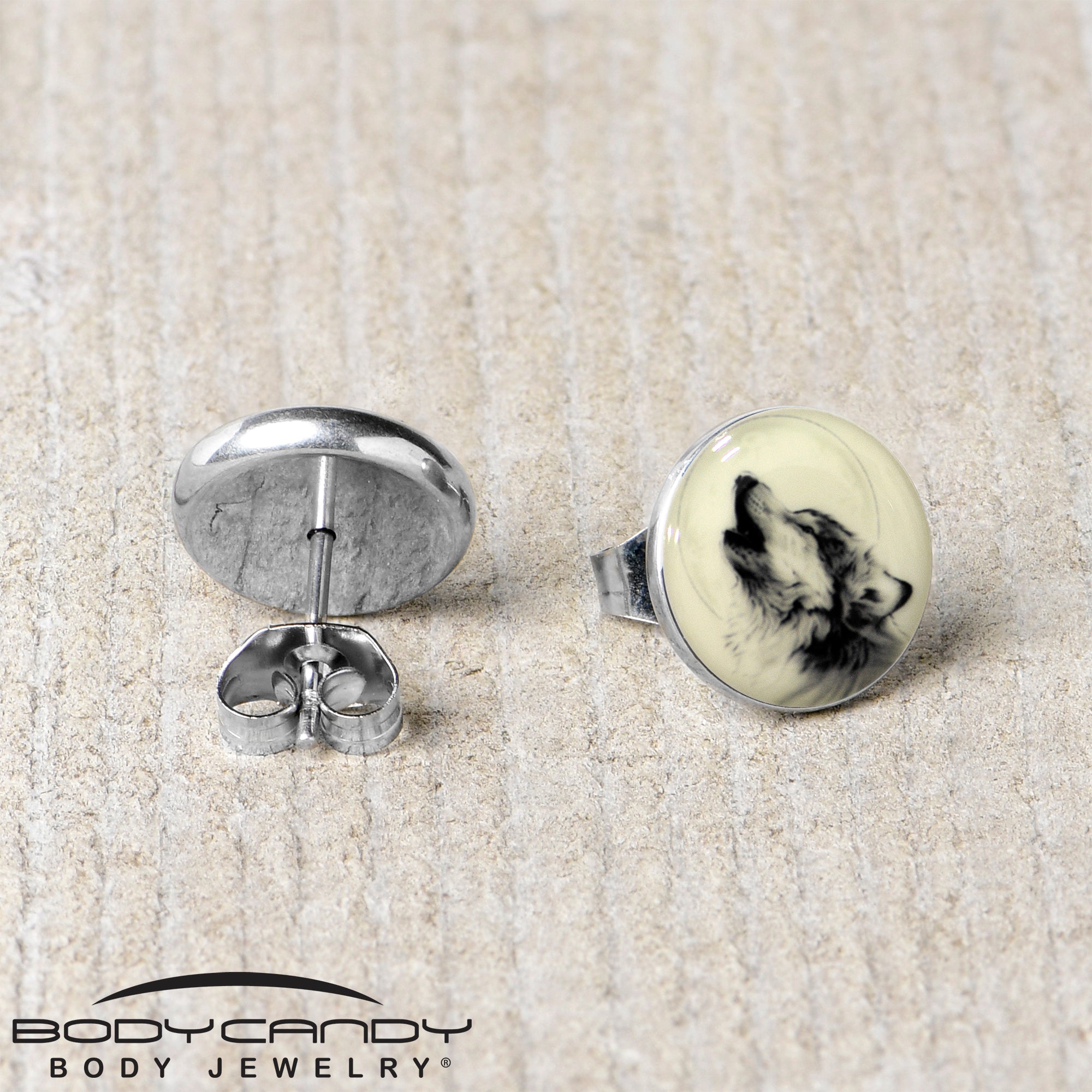 BodyCandy Glow in the Dark Howling Wolf Stud Earrings — back view