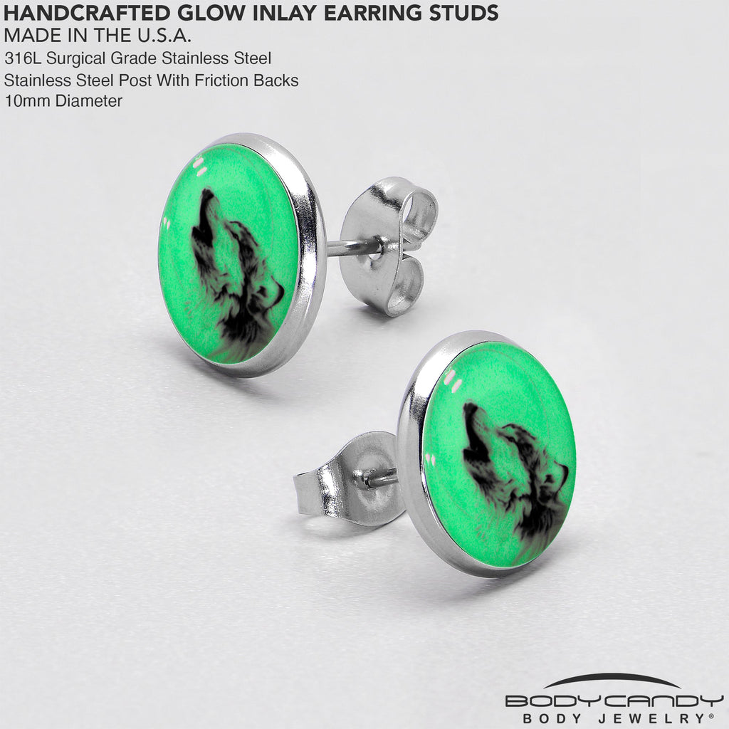 BodyCandy Glow in the Dark Howling Wolf Stud Earrings — alternative angle