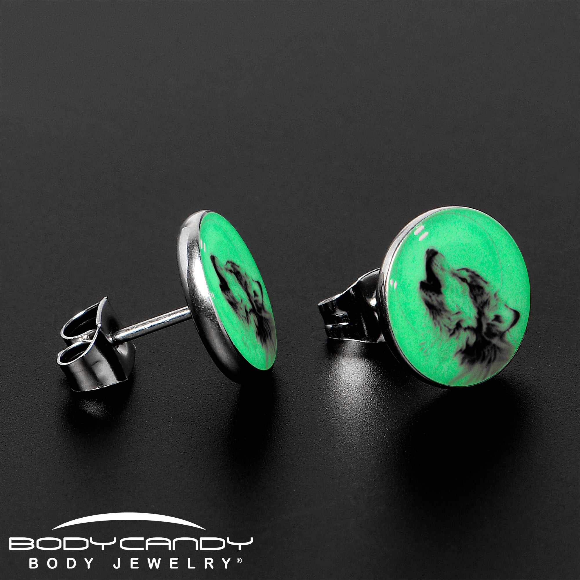 BodyCandy Glow in the Dark Howling Wolf Stud Earrings — lifestyle context