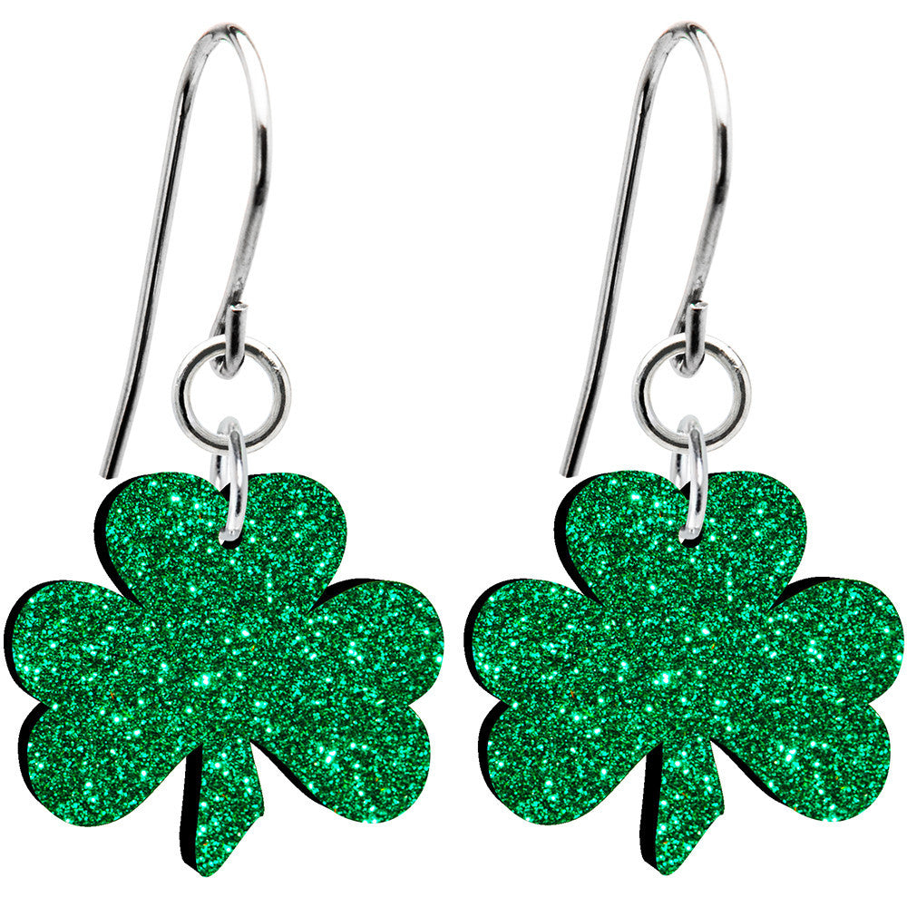 BodyCandy Stainless Steel Fishhook Green Glitter Luck Clover Irish Shamrock Earrings — main product shot