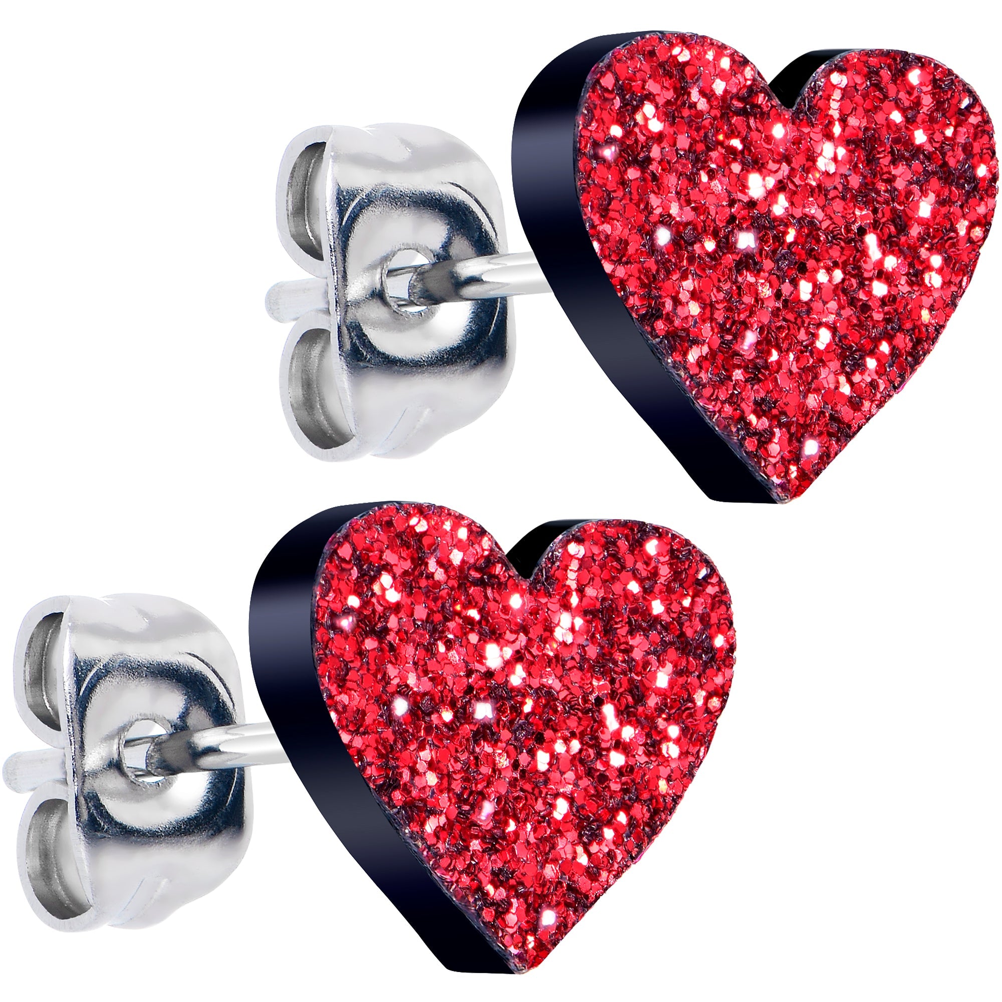 BodyCandy Ruby Red Glitter Heart Stud Earrings — main product shot