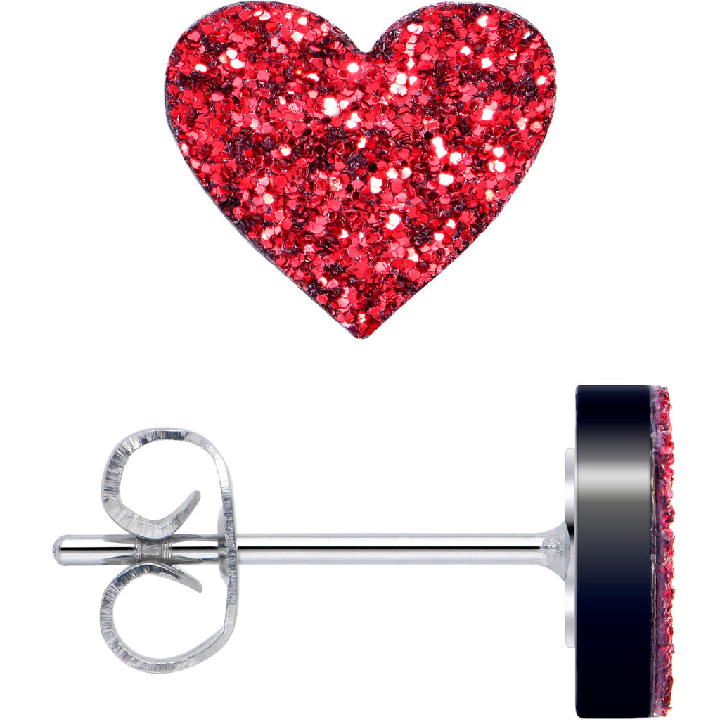 BodyCandy Ruby Red Glitter Heart Stud Earrings — detail close-up