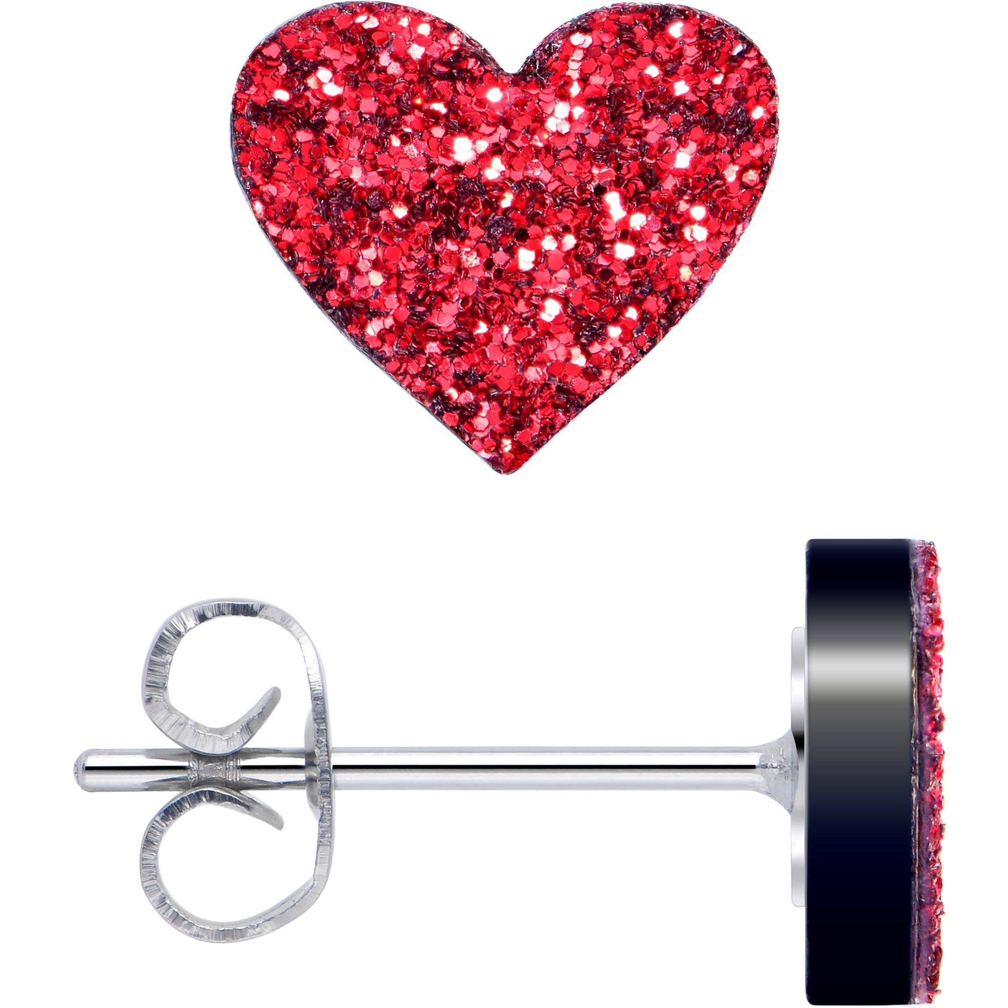BodyCandy Ruby Red Glitter Heart Stud Earrings — detail close-up