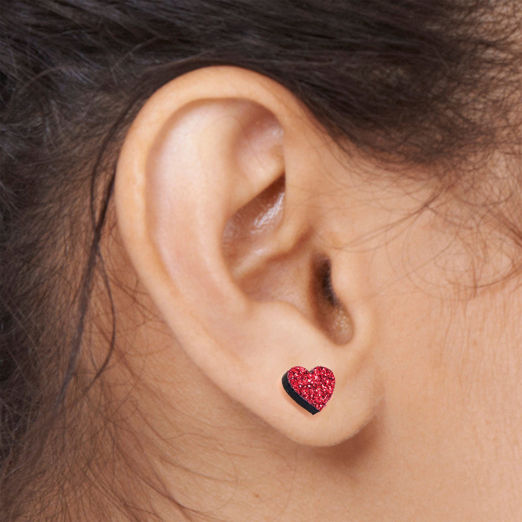 BodyCandy Ruby Red Glitter Heart Stud Earrings — lifestyle context