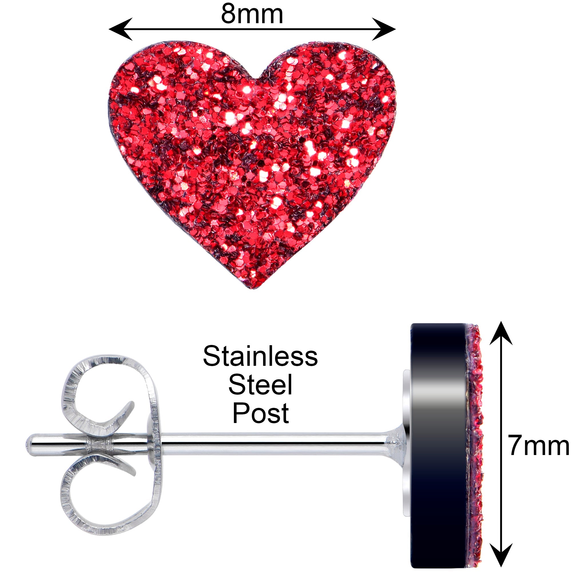 BodyCandy Ruby Red Glitter Heart Stud Earrings — back view