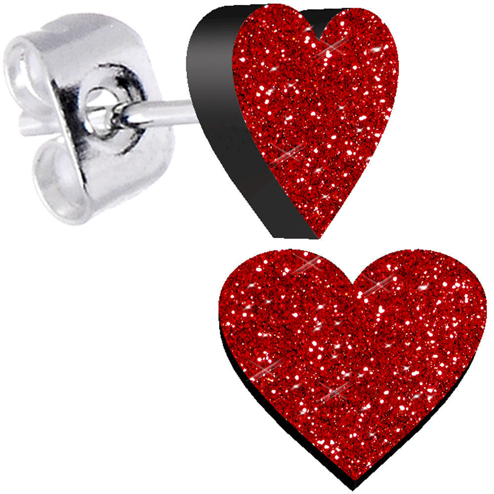BodyCandy Ruby Red Glitter Heart Stud Earrings — in-use photo