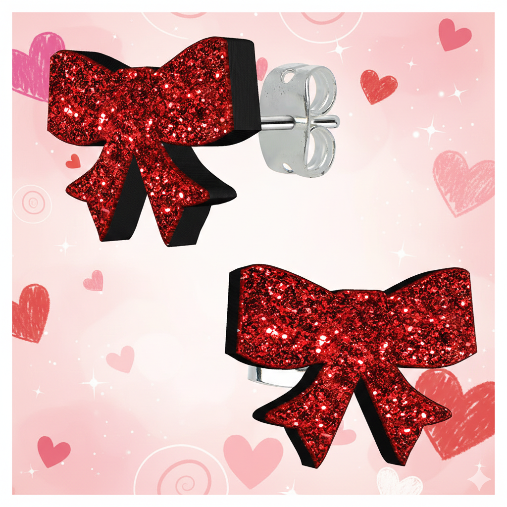 BodyCandy Ruby Red Glitter Ribbon Bow Stud Earrings — detail close-up