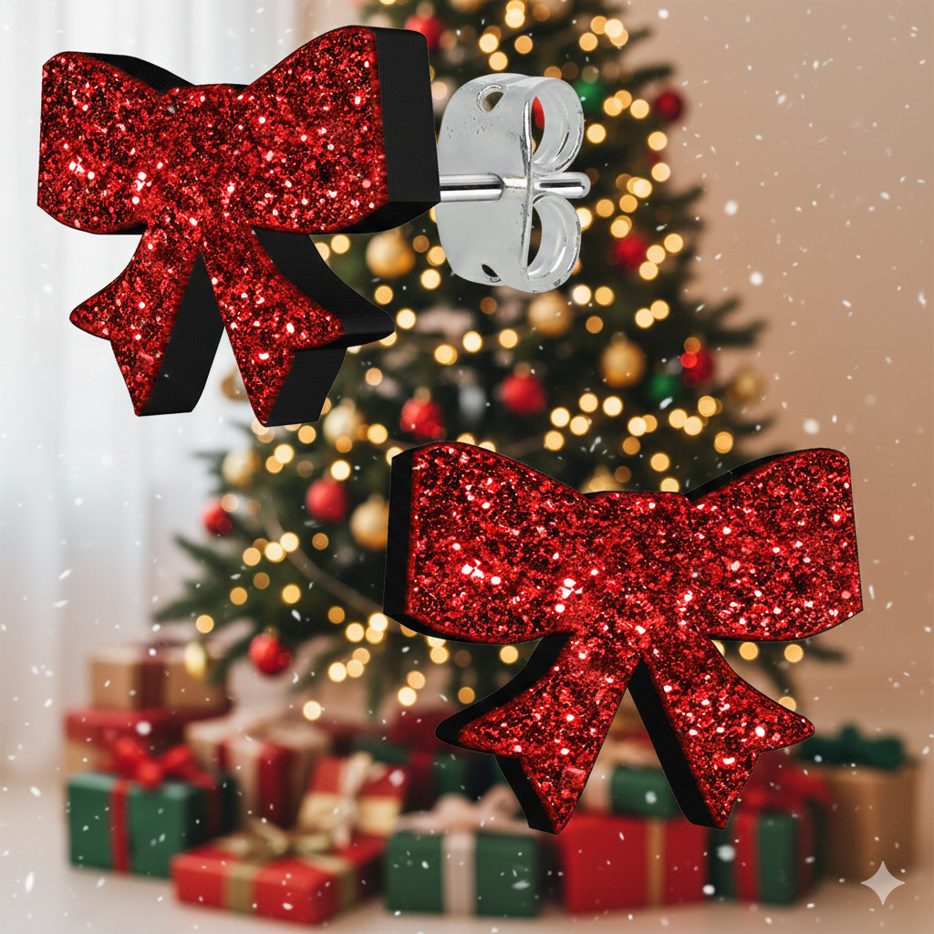 BodyCandy Ruby Red Glitter Ribbon Bow Stud Earrings — lifestyle context