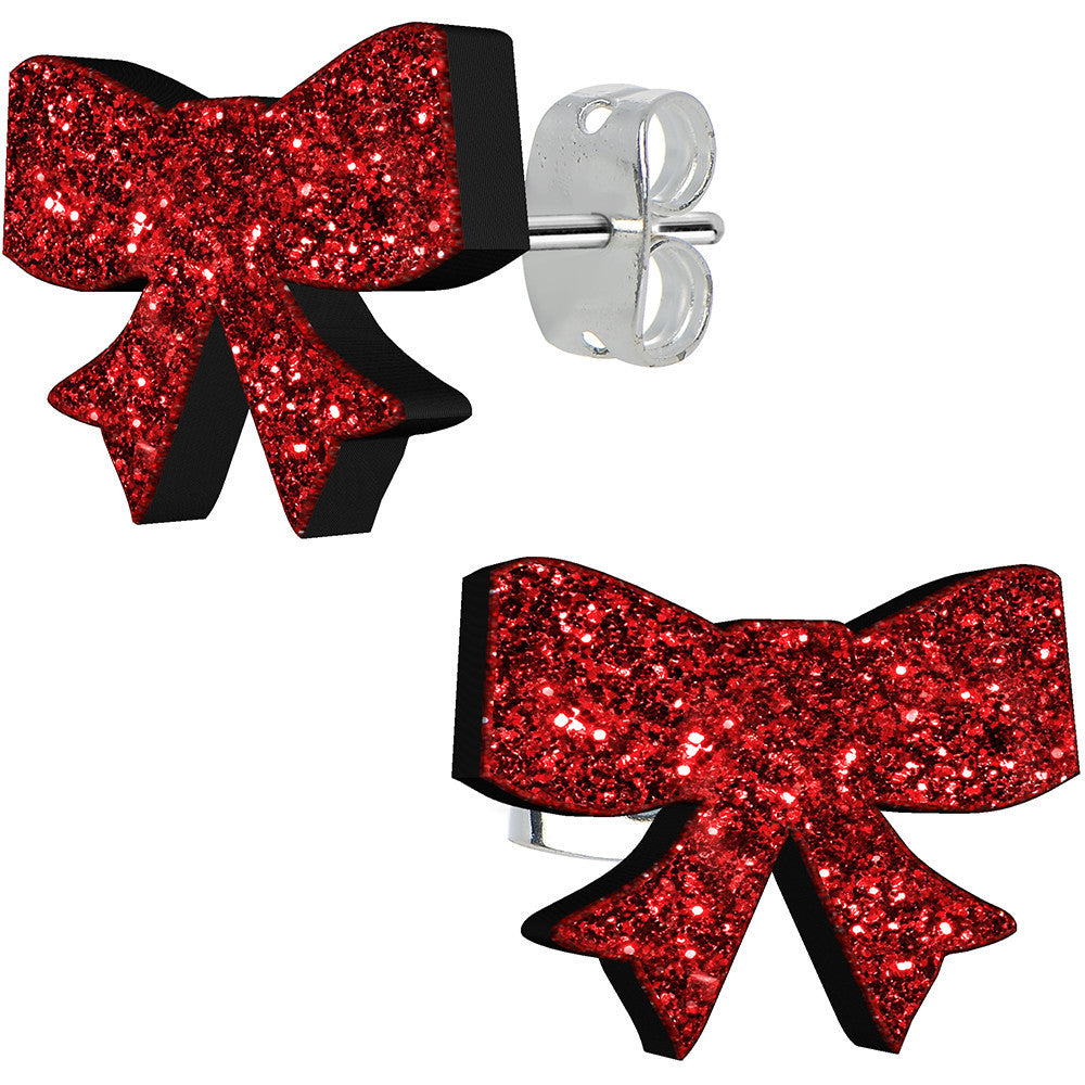 BodyCandy Ruby Red Glitter Ribbon Bow Stud Earrings — main product shot