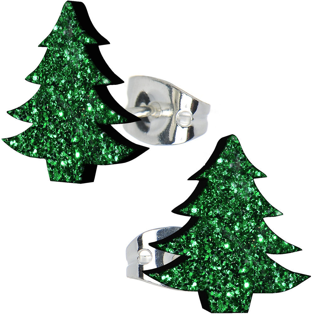 BodyCandy Green Glitter Christmas Tree Stud Earrings — main product shot