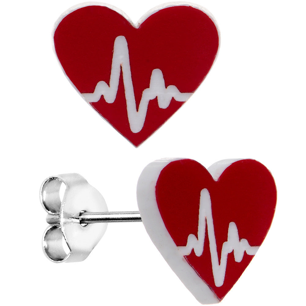 BodyCandy EKG Make My Heartbeat Race Red Heart Stud Earrings — main product shot