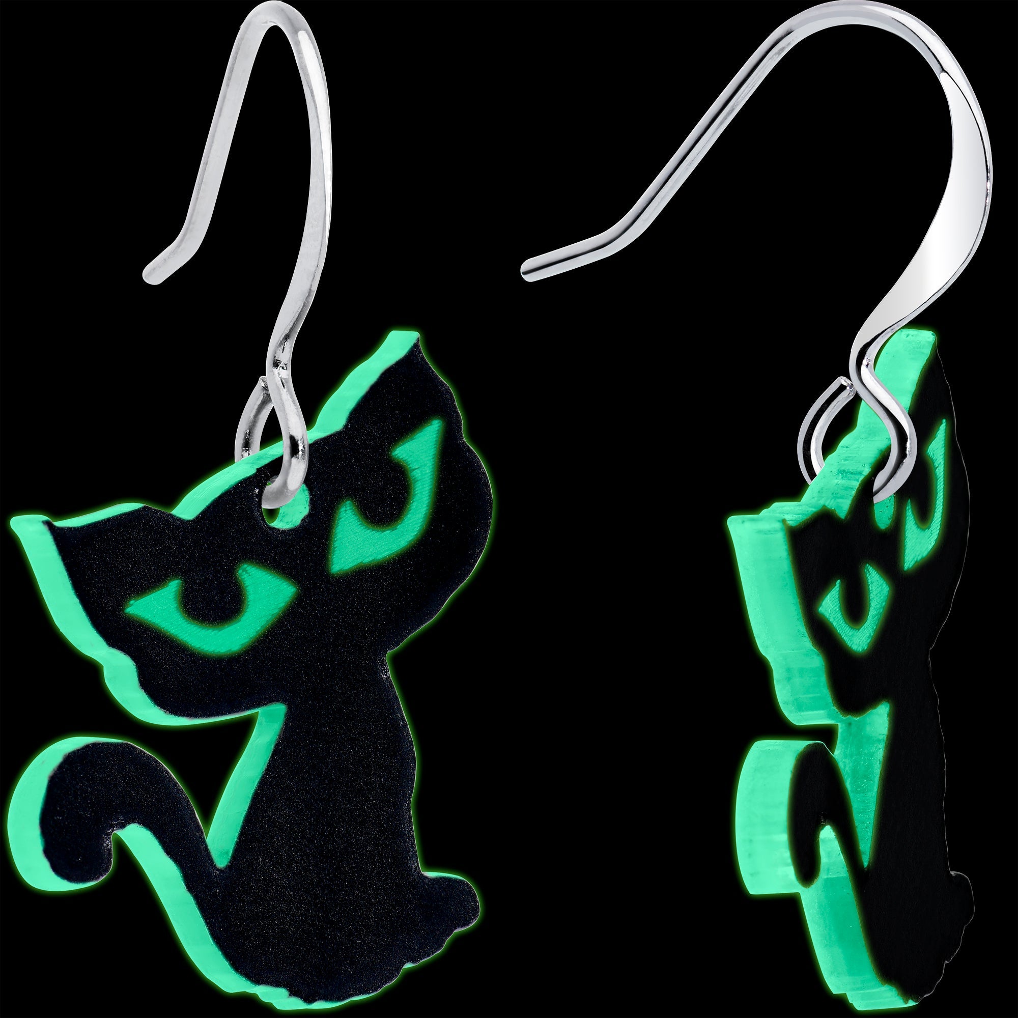 BodyCandy Black Cat Glow in the Dark Fishhook Dangle Earrings — detail close-up