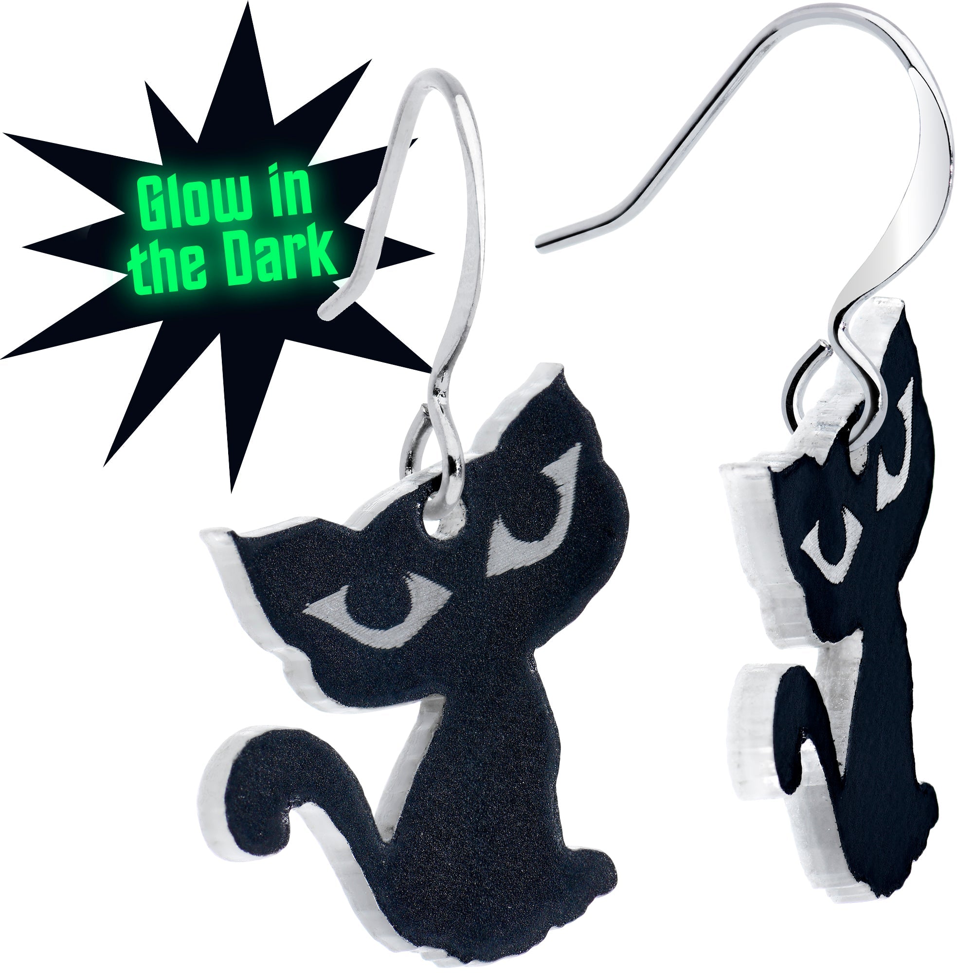 BodyCandy Black Cat Glow in the Dark Fishhook Dangle Earrings — main product shot
