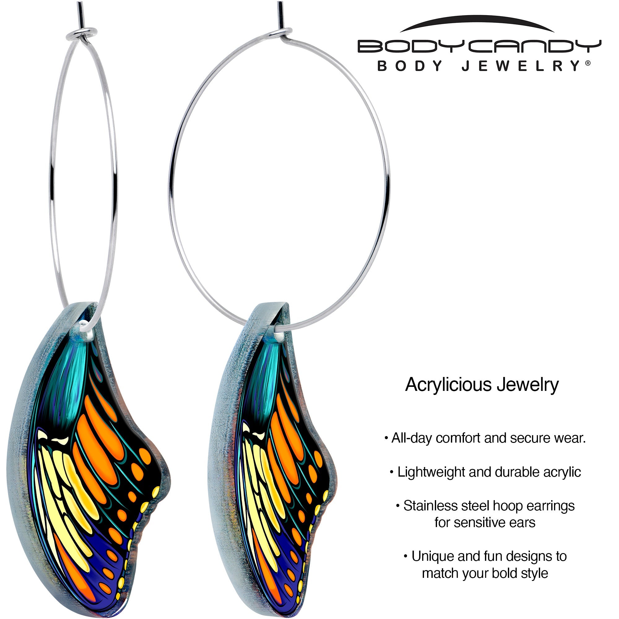 BodyCandy Butterfly Wing Hoop Earrings by Onyx O — detail close-up