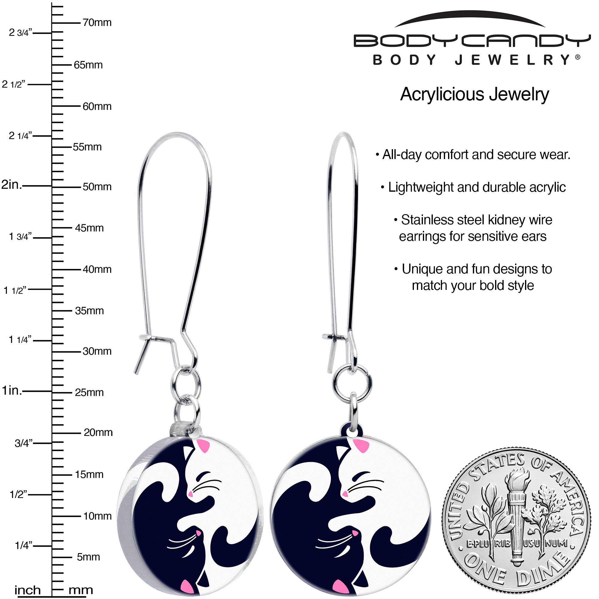 BodyCandy Cute Kitty Cat Yin Yang Dangle Earrings by Onyx O — detail close-up