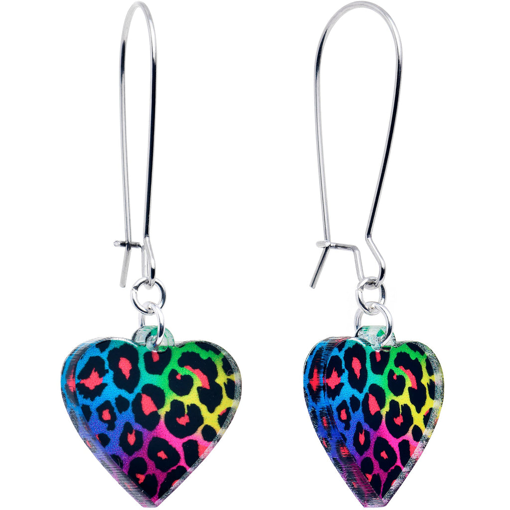 BodyCandy Acrylicious Rainbow Cheetah Print Heart Dangle Earrings by Onyx O — main product shot