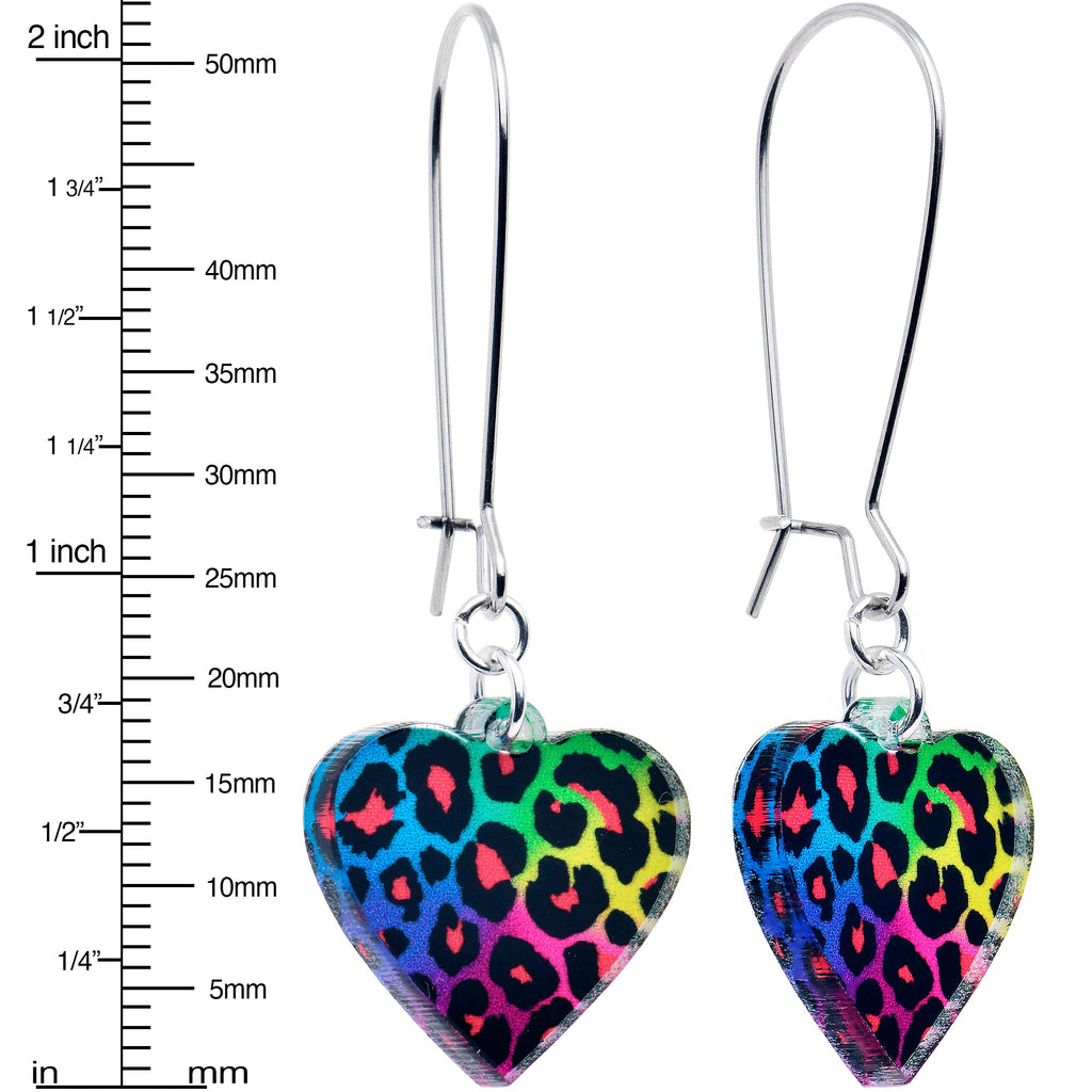 BodyCandy Acrylicious Rainbow Cheetah Print Heart Dangle Earrings by Onyx O — detail close-up