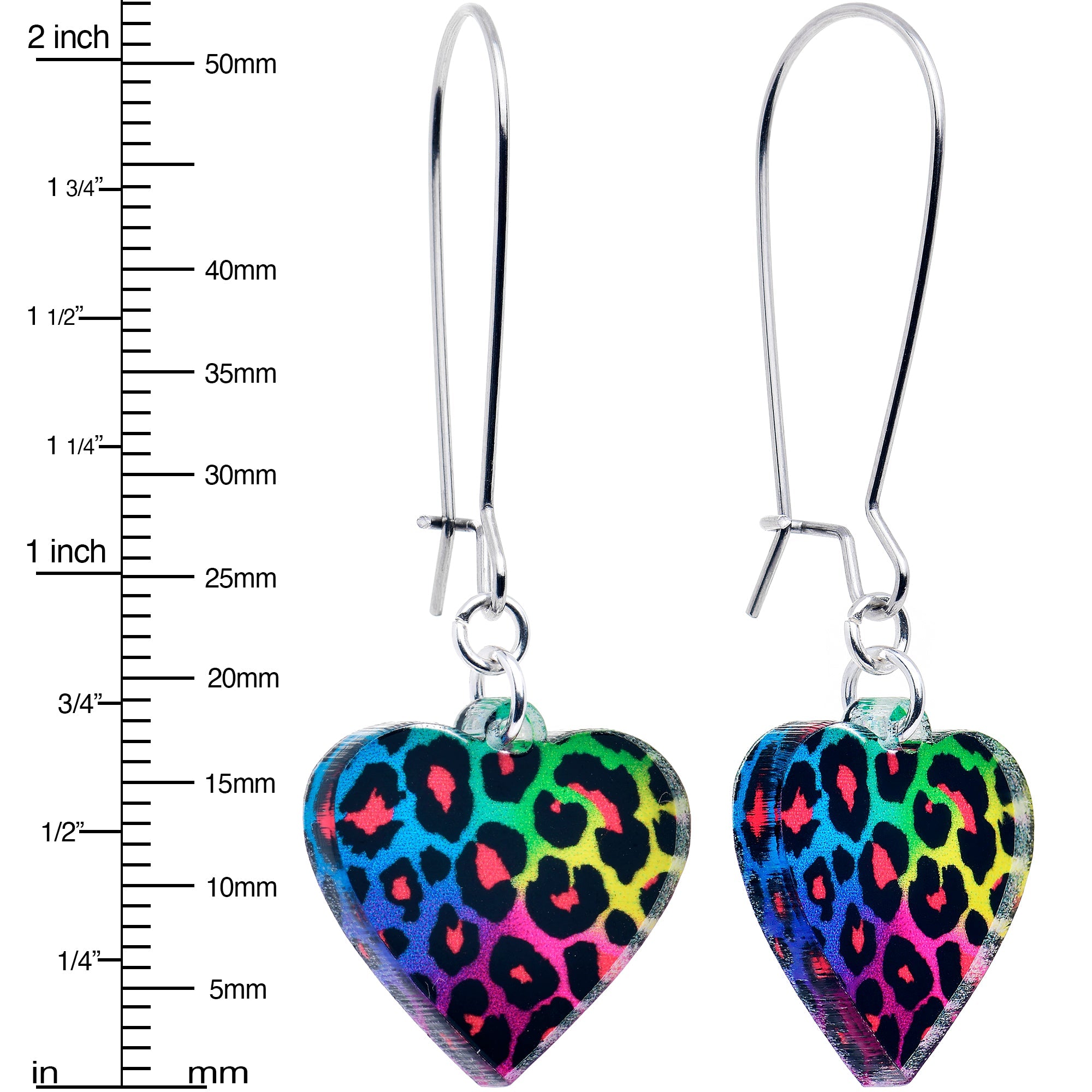 BodyCandy Acrylicious Rainbow Cheetah Print Heart Dangle Earrings by Onyx O — detail close-up