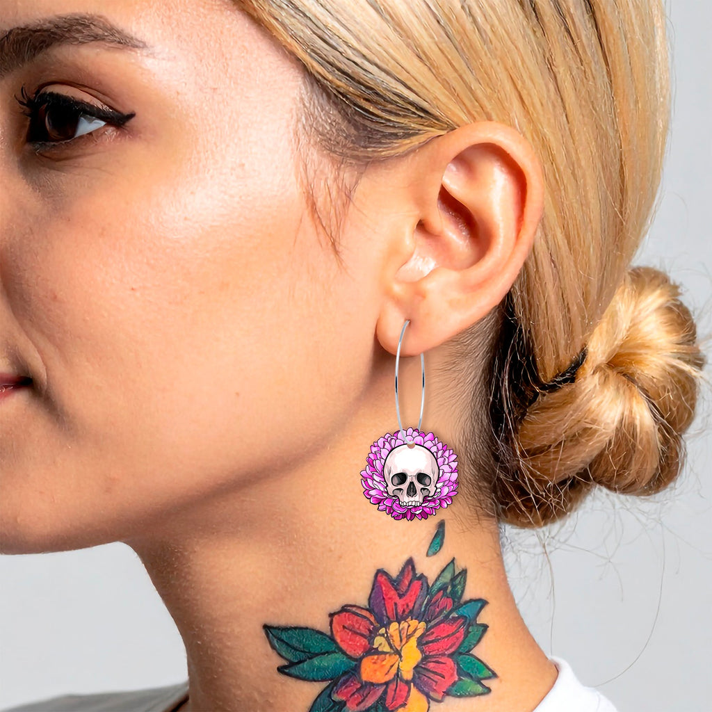BodyCandy Blooming Pink Flower Skull Hoop Earrings by Onyx O — detail close-up