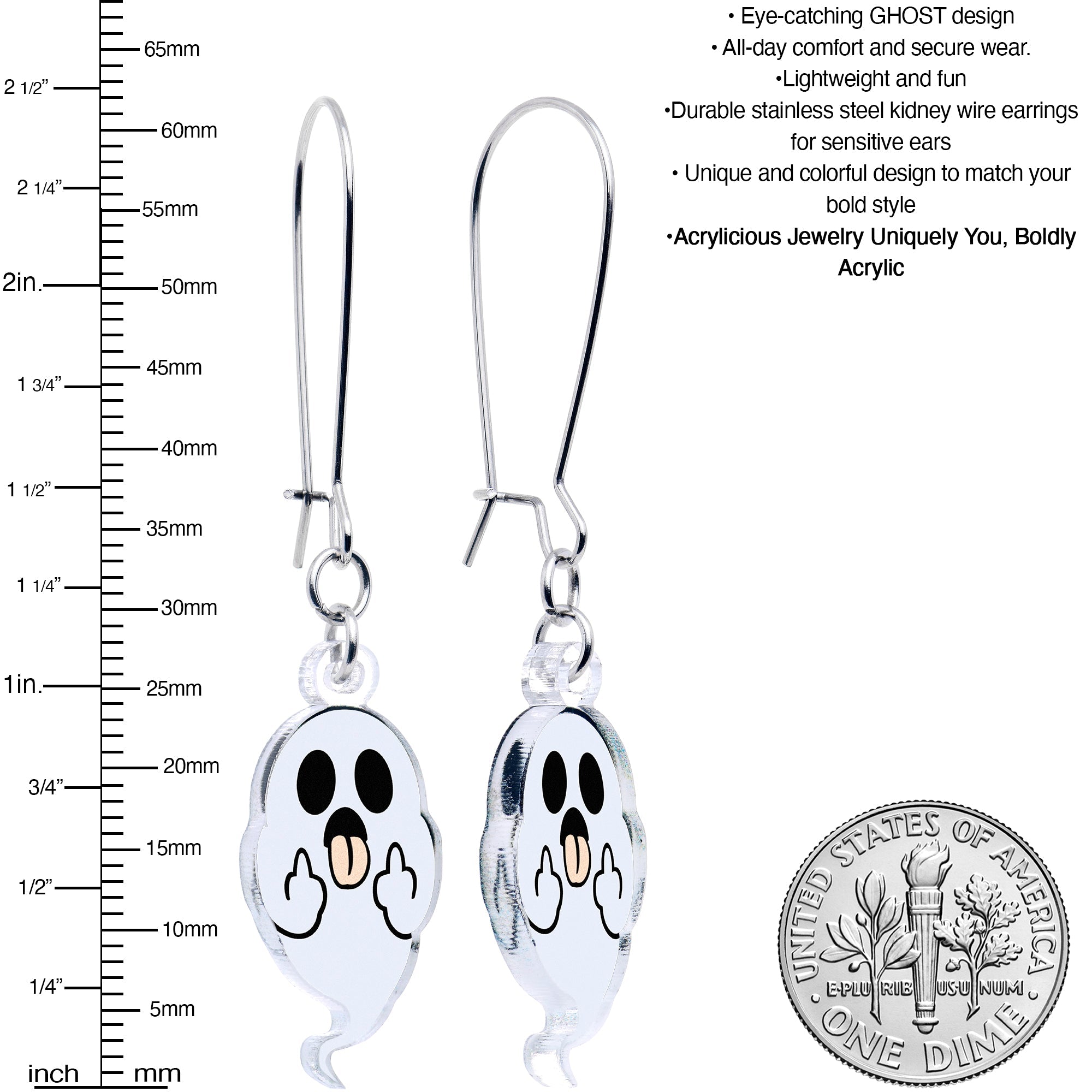 BodyCandy Acrylicious Sassy Spirit Middle Finger Ghost Dangle Earrings by Onyx O — detail close-up