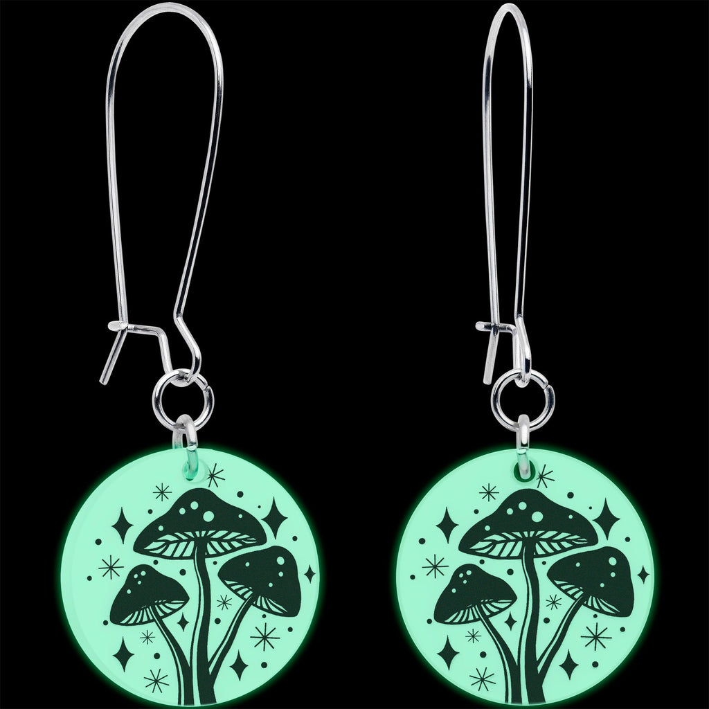 BodyCandy Glow in the Dark Mystic Mushroom Dangle Earrings by Onyx O — detail close-up
