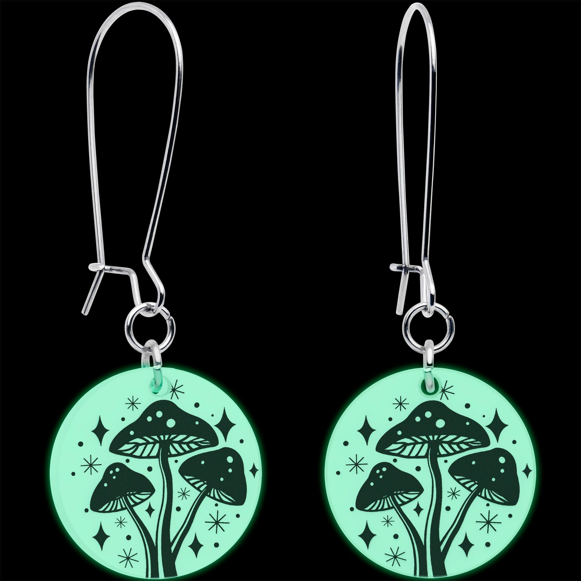BodyCandy Glow in the Dark Mystic Mushroom Dangle Earrings by Onyx O — detail close-up
