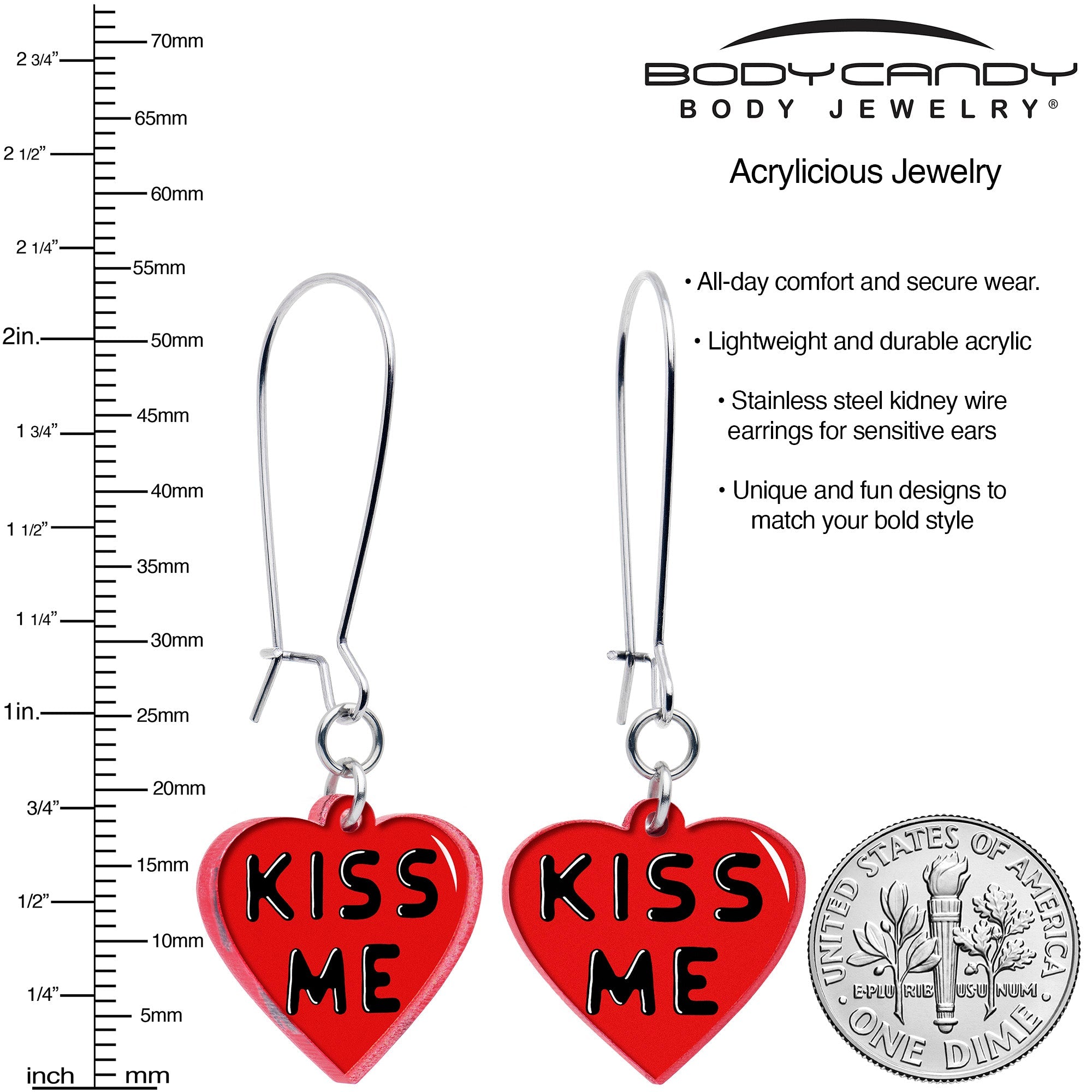BodyCandy Kiss Me Heart Dangle Earrings by Onyx O — detail close-up