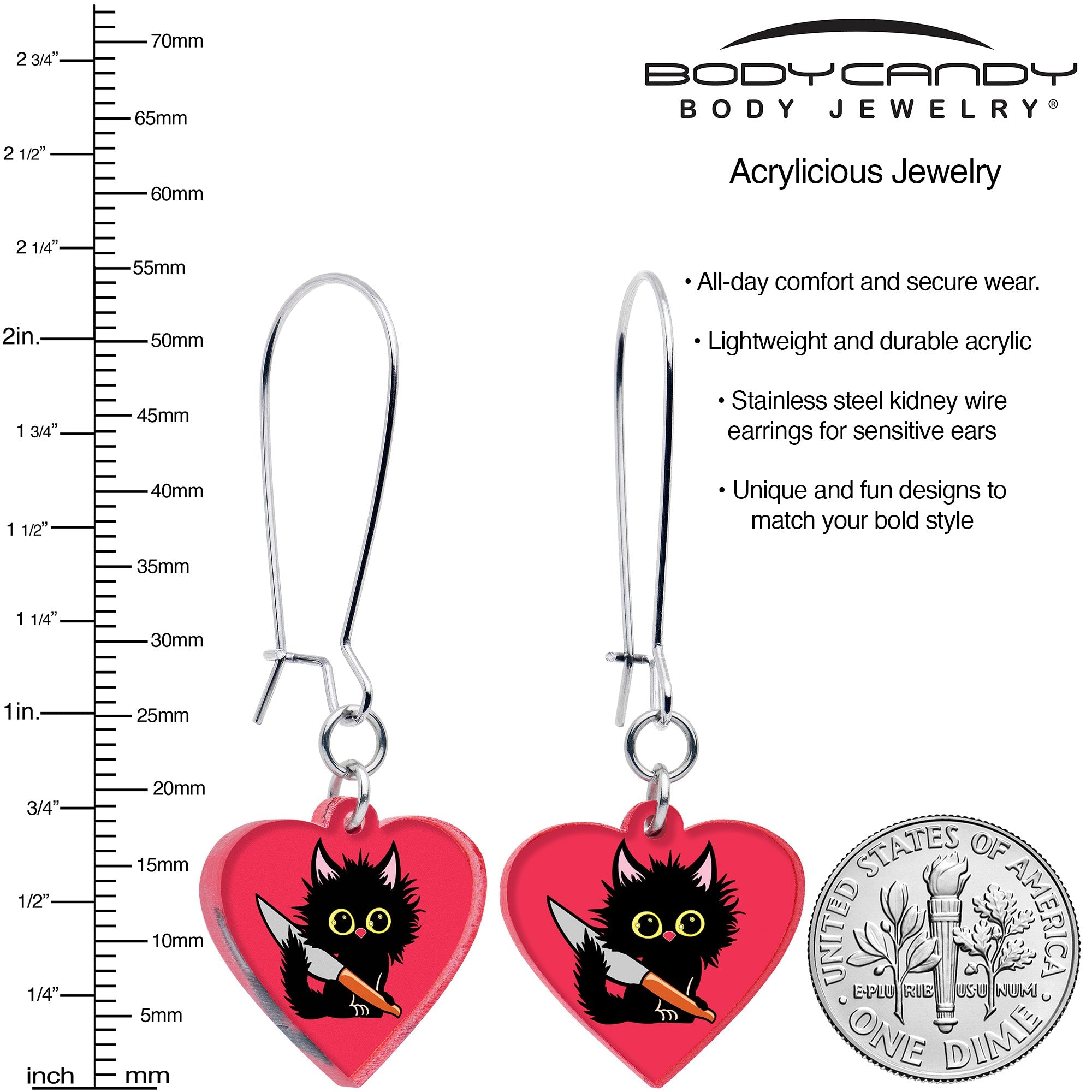 BodyCandy Heart Staby Cat Dangle Earrings by Onyx O — detail close-up