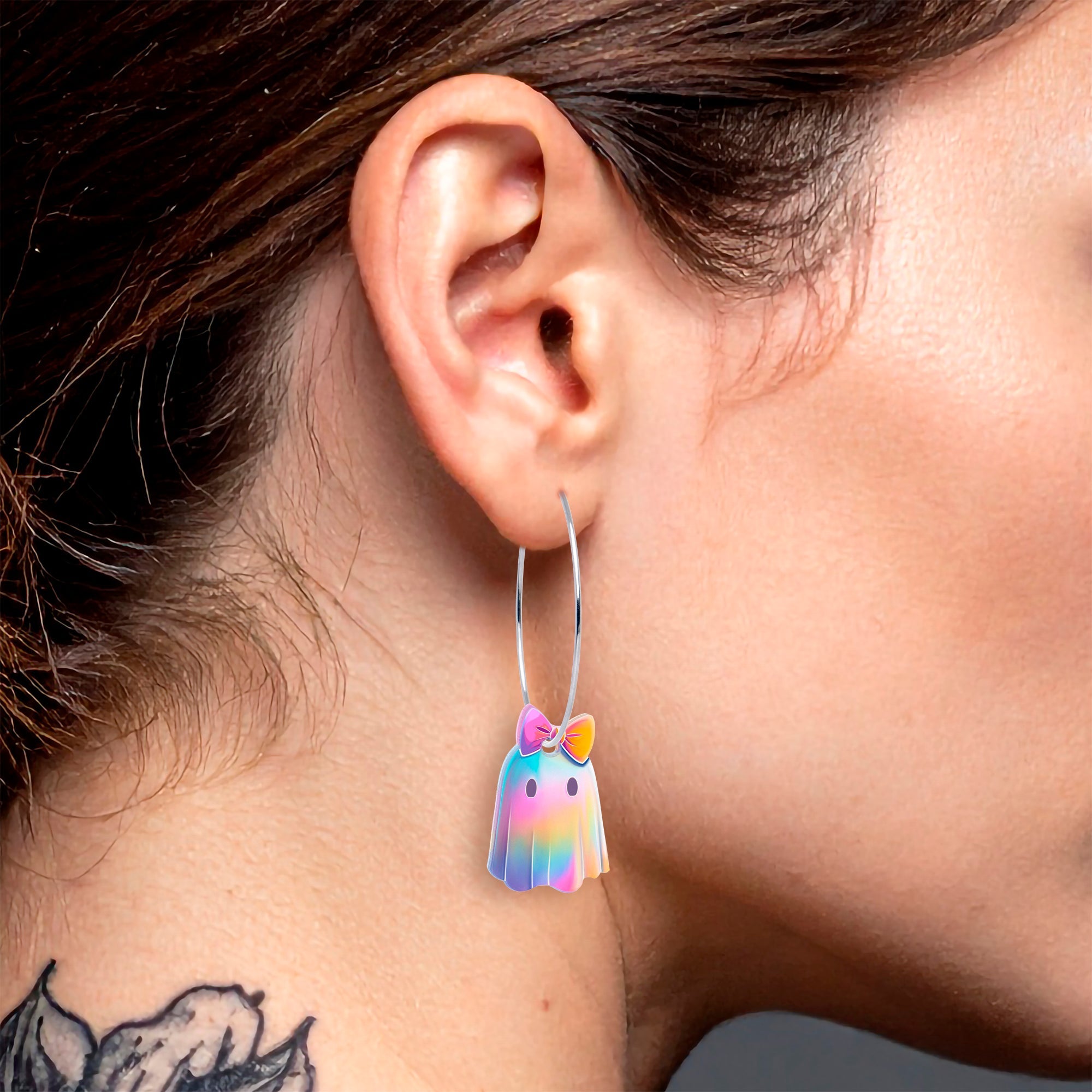 BodyCandy Iridescent Ghost Girl Hoop Earrings by Onyx O — detail close-up
