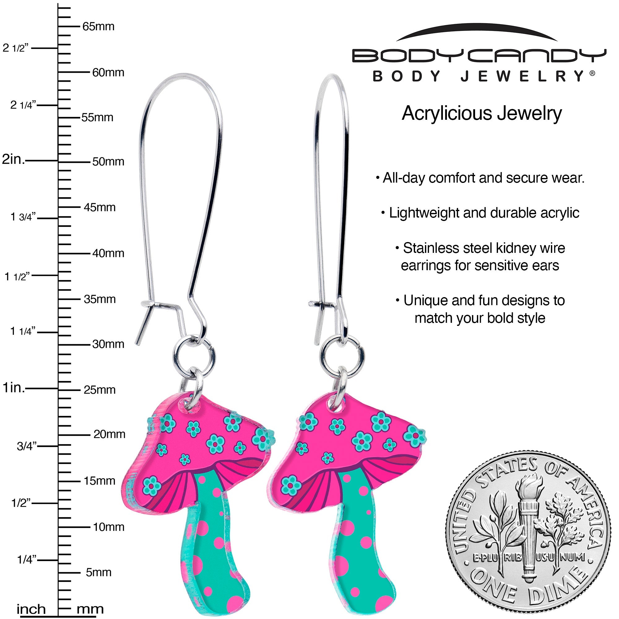 BodyCandy Funky Floral Mushroom Dangle Earrings by Onyx O — detail close-up