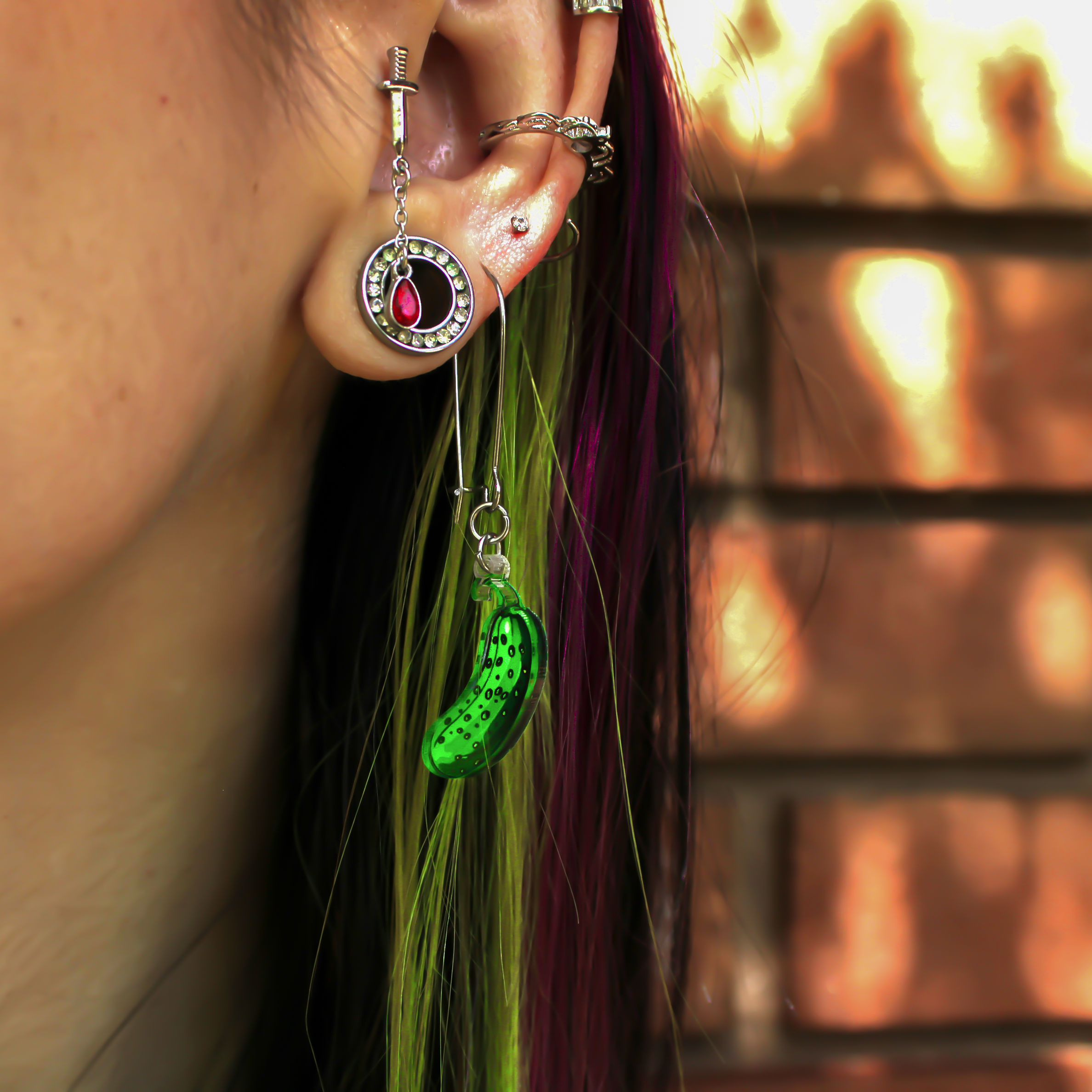 BodyCandy Acrylicious Funky Green Pickle Earrings by Onyx O — detail close-up
