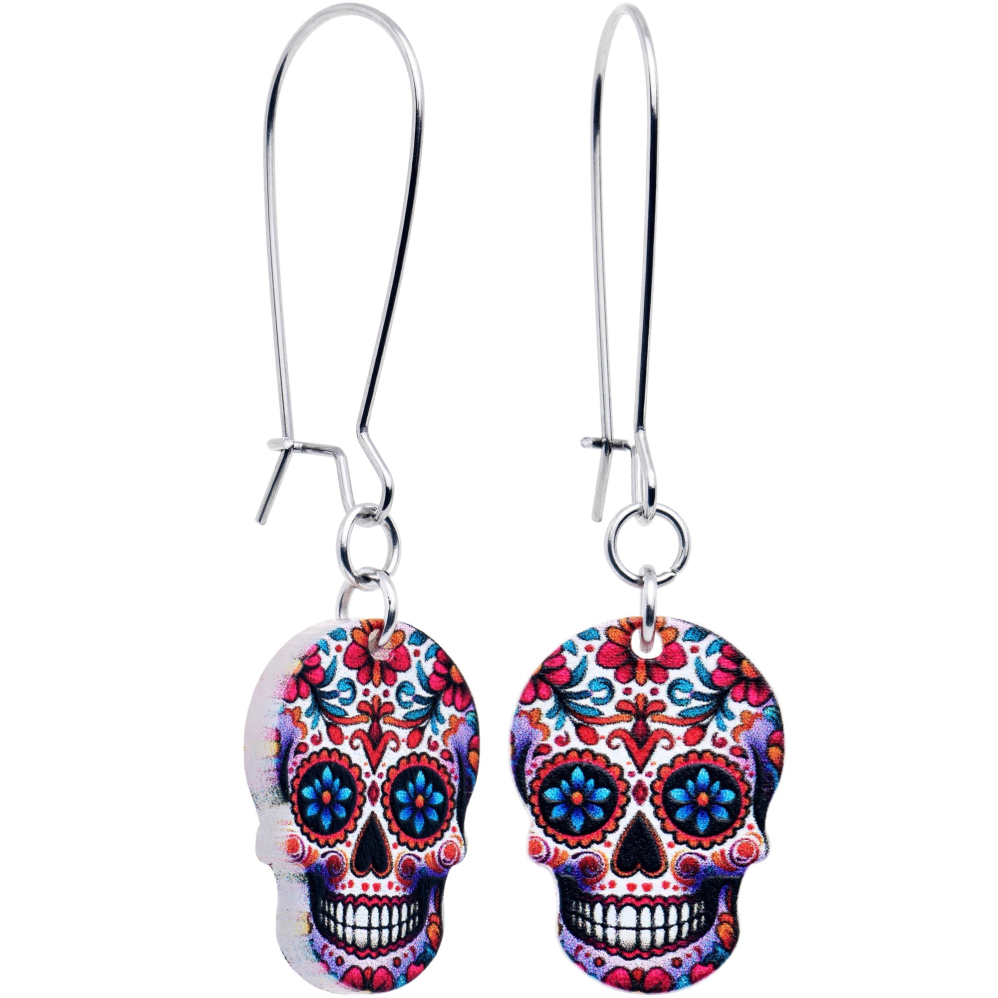BodyCandy Acrylicious Sugar Skull Double Sided Reversible Skull Earrings — detail close-up
