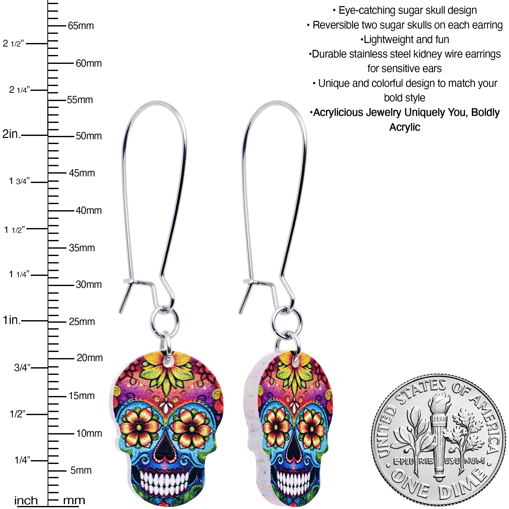 BodyCandy Acrylicious Sugar Skull Double Sided Reversible Skull Earrings — side view
