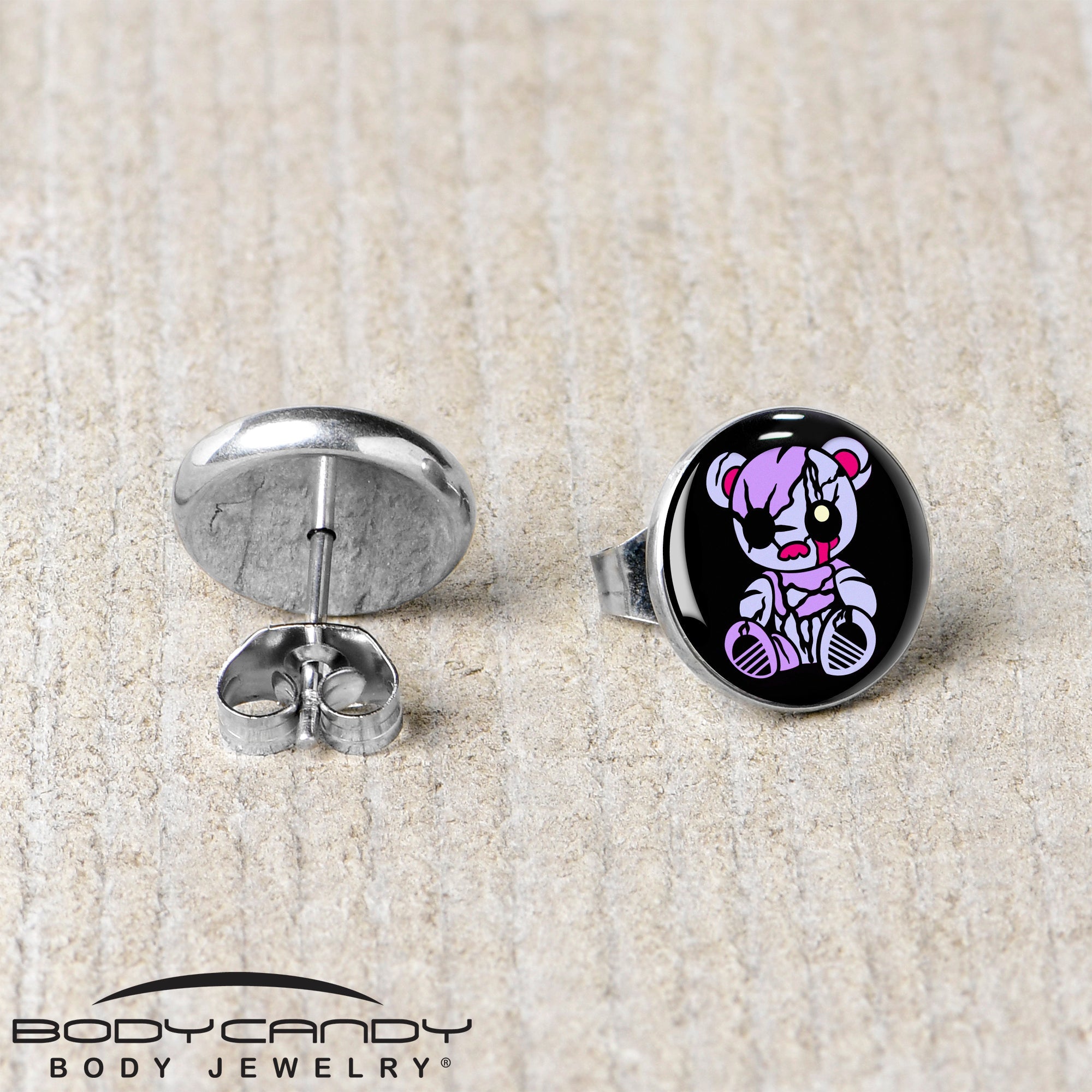 BodyCandy Attitude Teddy Bear Stud Earrings by Onyx O — back view