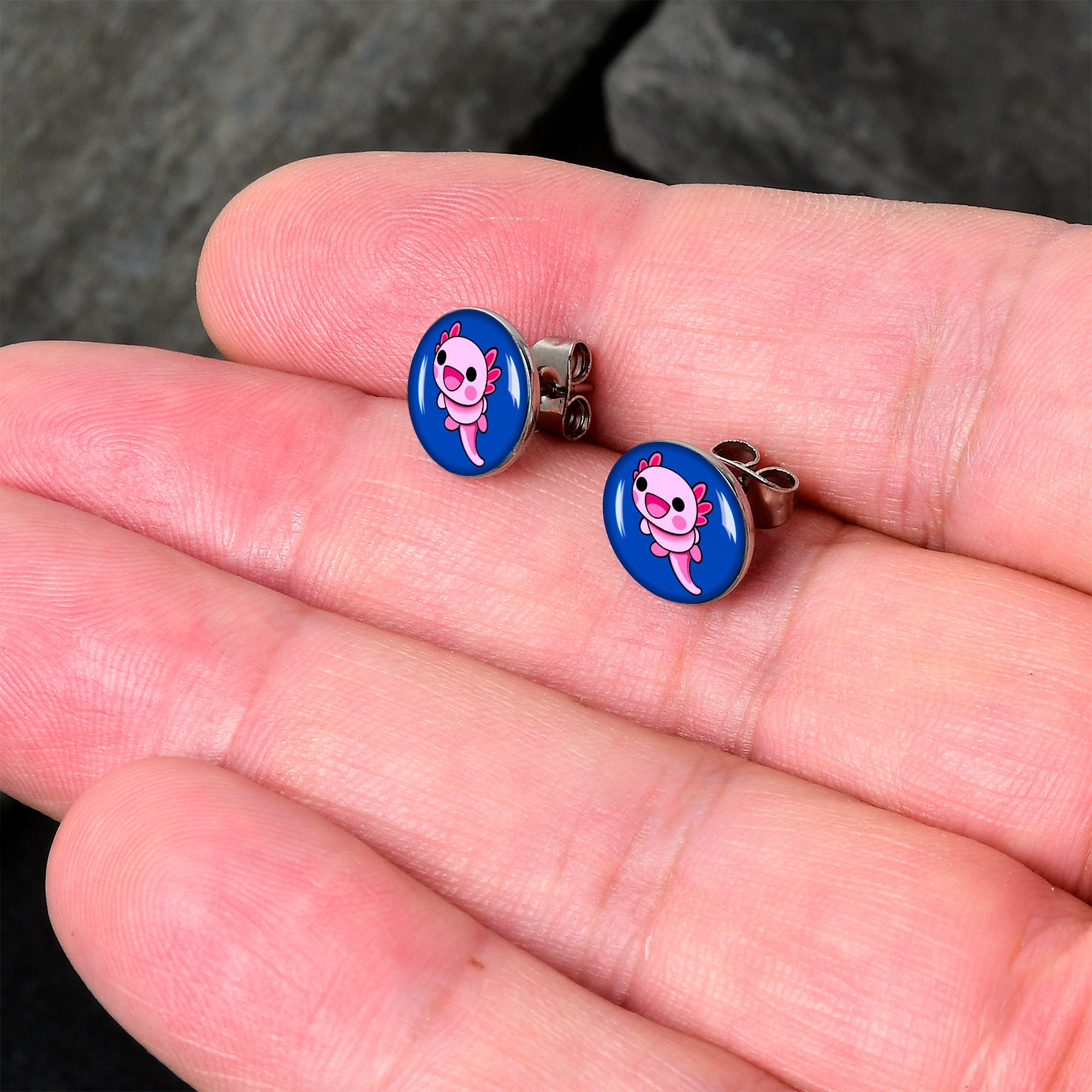 BodyCandy Adorable Axolotl Stud Earrings by Onyx O — detail close-up