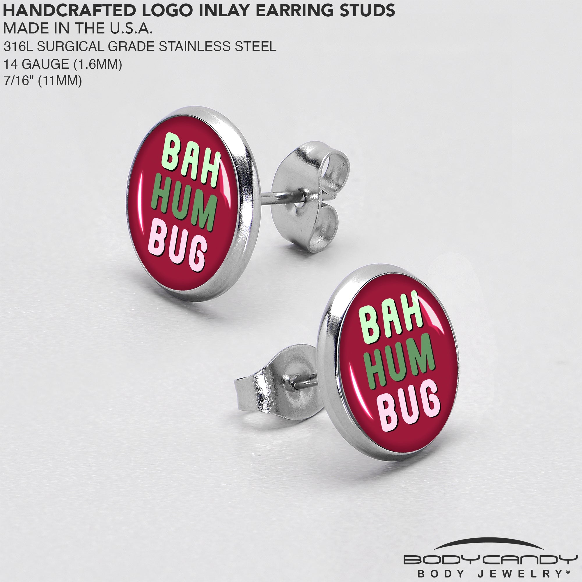 BodyCandy Bah Humbug Holiday Grouch Stud Earrings by Onyx O — in-use photo
